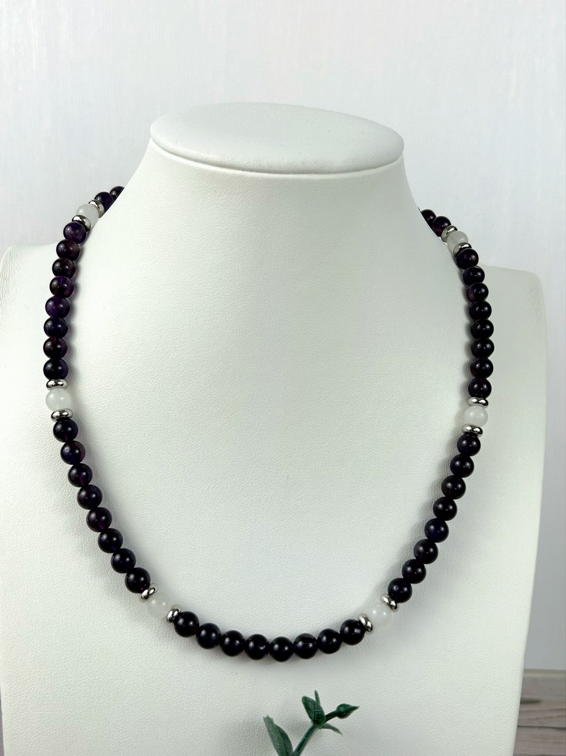 Moonstone Necklace, Amethyst Necklace, Healing Gemstones Necklace, Spiritual Necklace, Beaded Necklace, Jewelry Gift for Her, Grounding