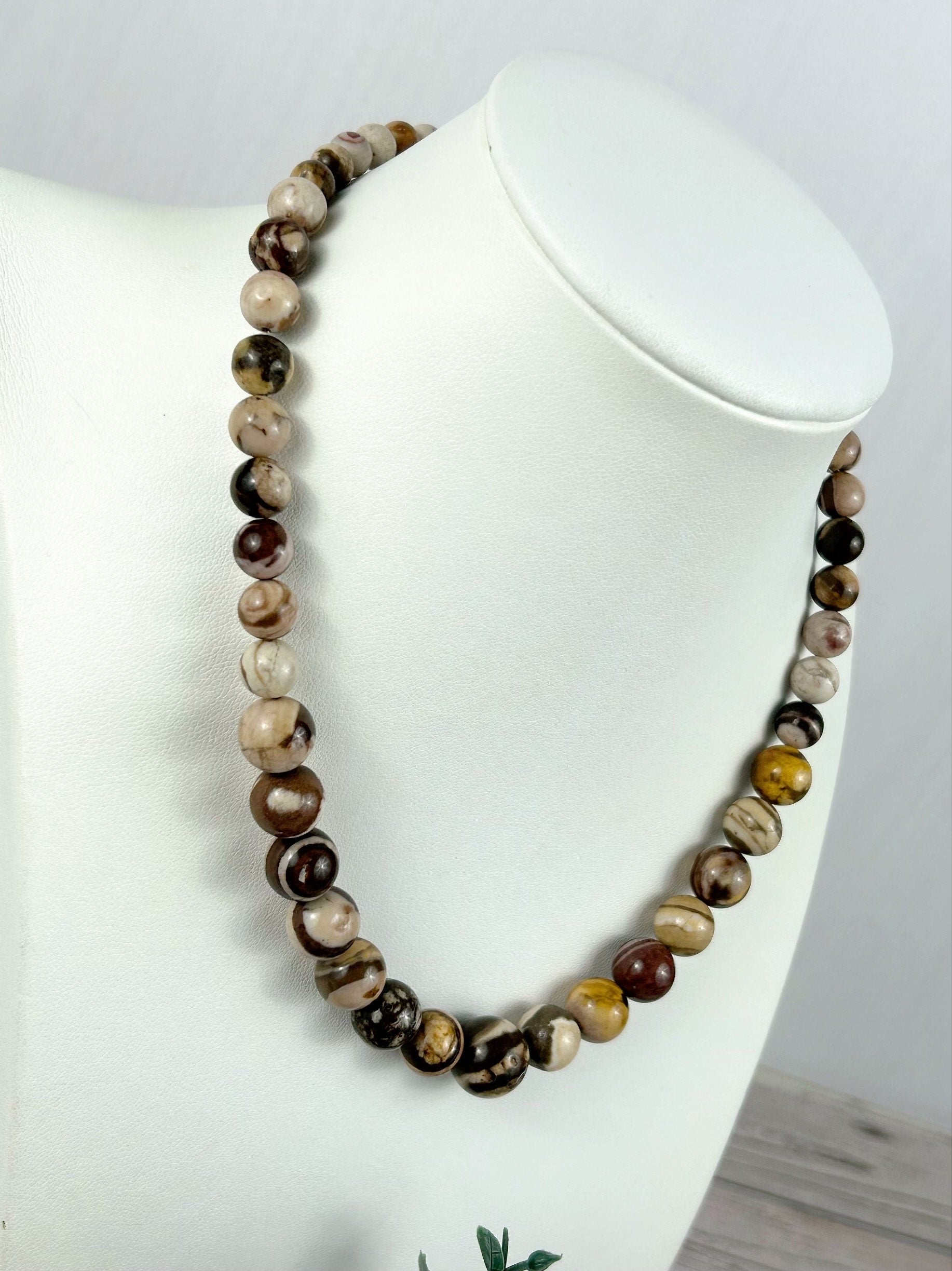 Australian Zebra Jasper Necklace, Gift for Her, Grounding, Balancing, Natural Stone Brown Beaded Necklace, Healing Stones, Handmade Jewelry
