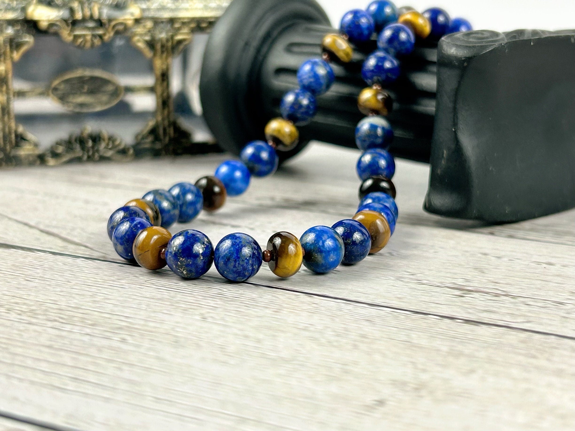 Lapis Lazuli Necklace, Tigers Eye Necklace, Beaded Necklace, Natural Stone Necklace Gift for Him, Protection Jewelry, Grounding,Gift for Her
