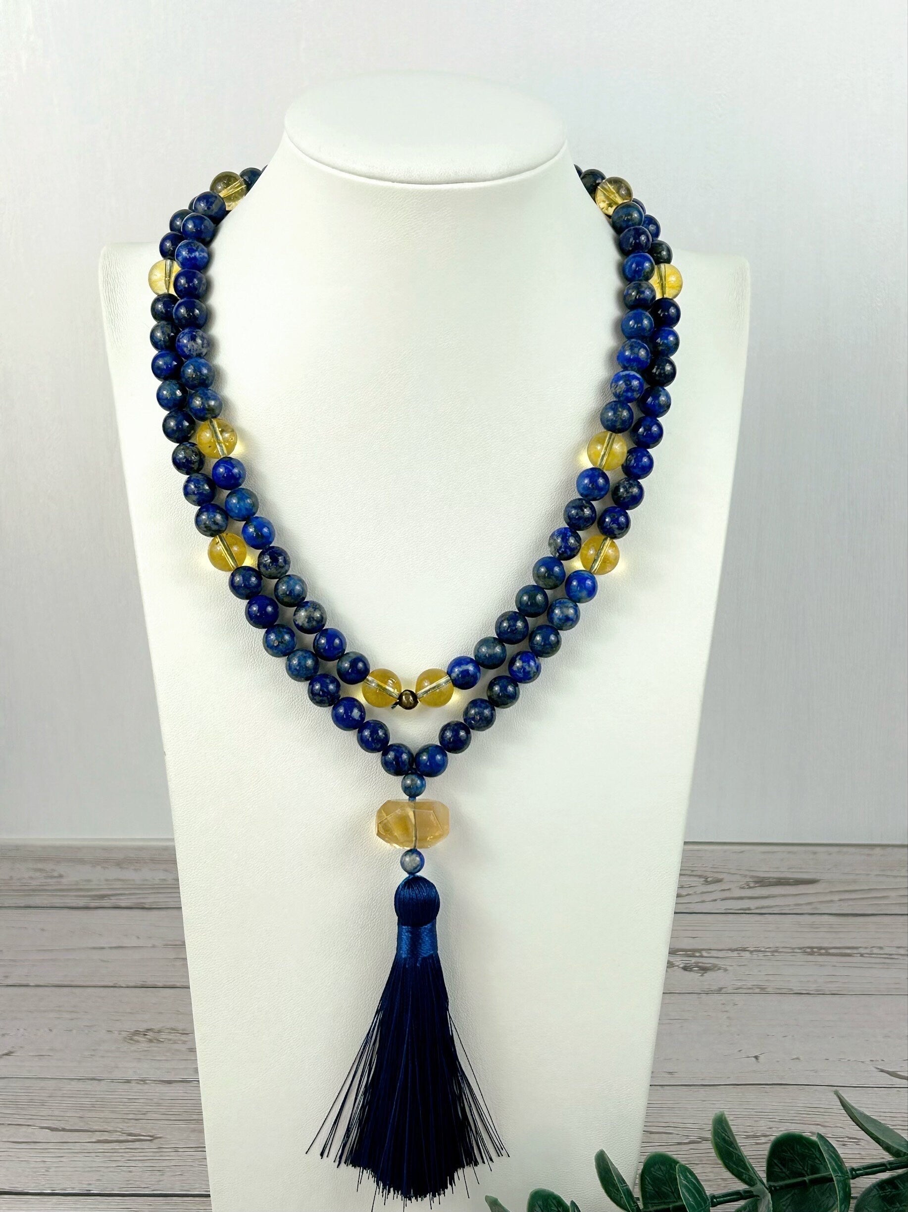 Lapis Lazuli Mala Necklace, Citrine 108 Mala Beads Necklace, Prayer Beads Necklace, 108 Mala Beads Bracelet, Japa Mala Meditation Necklace
