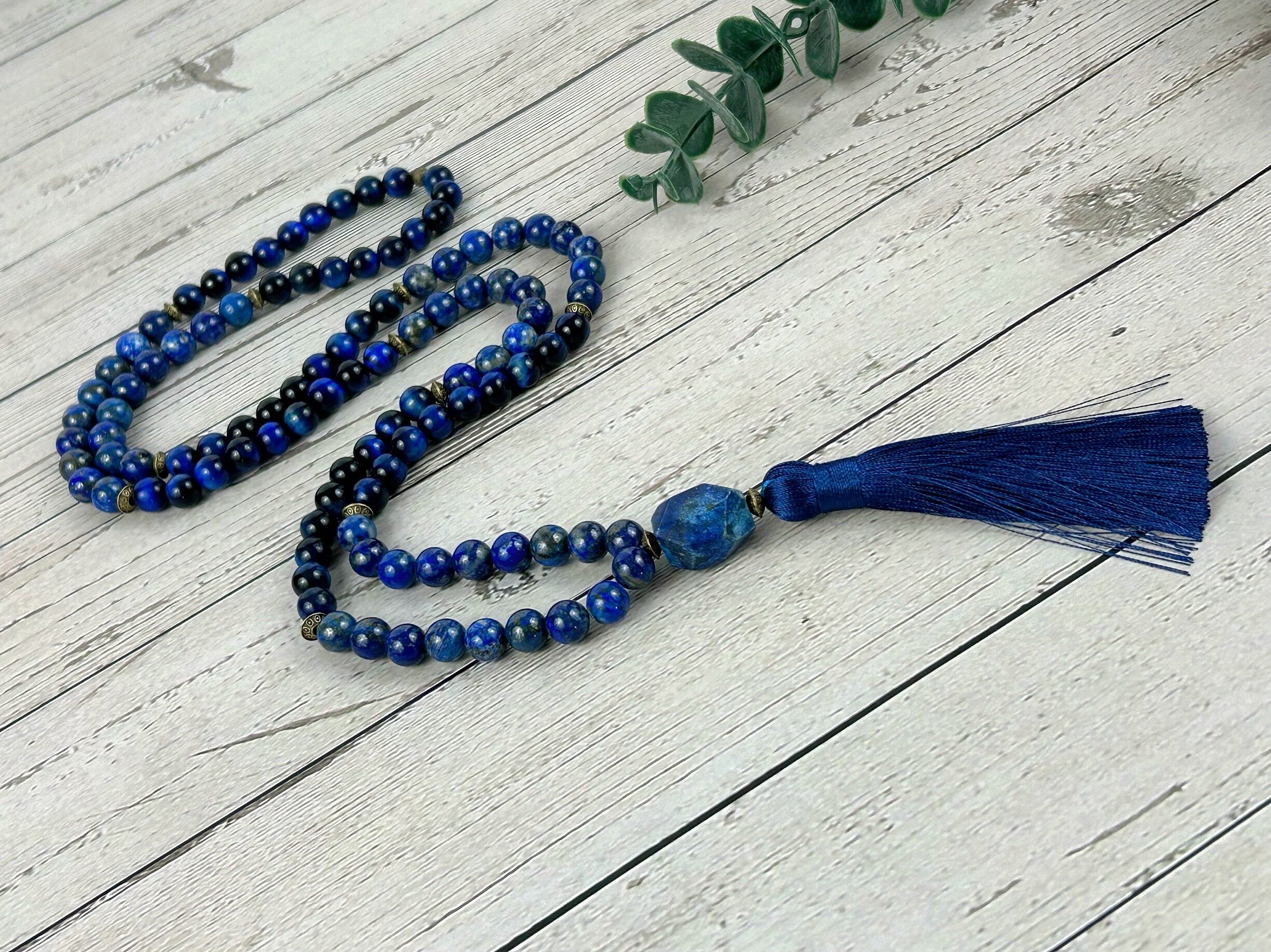 Lapis Lazuli Mala Necklace, 108 Mala Beads Necklace, Prayer Beads Necklace, Blue Tigers Eye, Japa Mala Meditation Necklace
