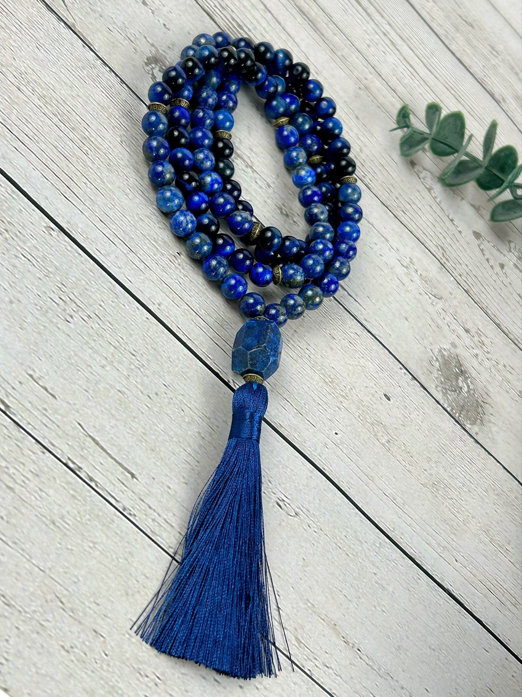 Lapis Lazuli Mala Necklace, 108 Mala Beads Necklace, Prayer Beads Necklace, Blue Tigers Eye, Japa Mala Meditation Necklace