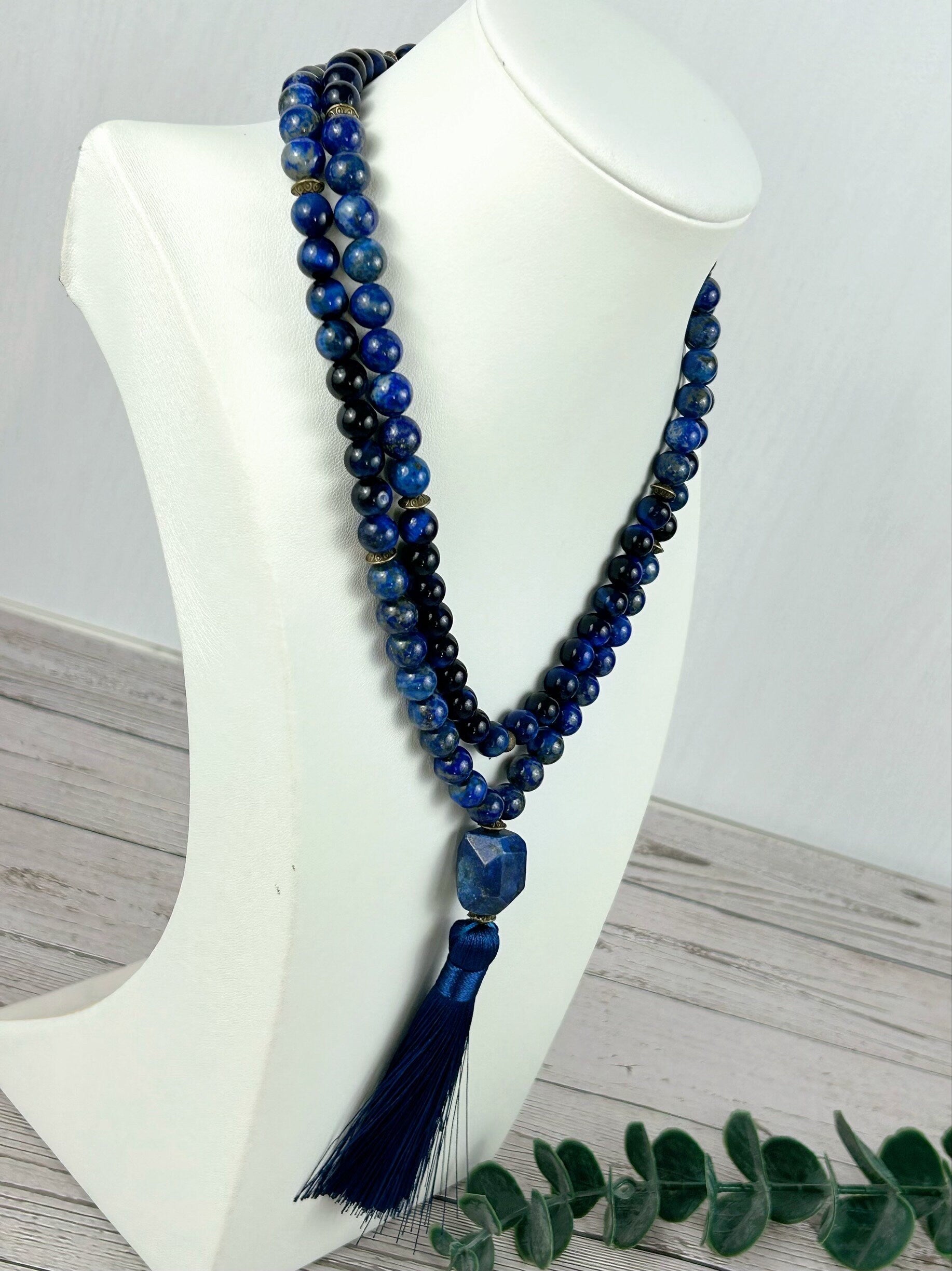 Lapis Lazuli Mala Necklace, 108 Mala Beads Necklace, Prayer Beads Necklace, Blue Tigers Eye, Japa Mala Meditation Necklace