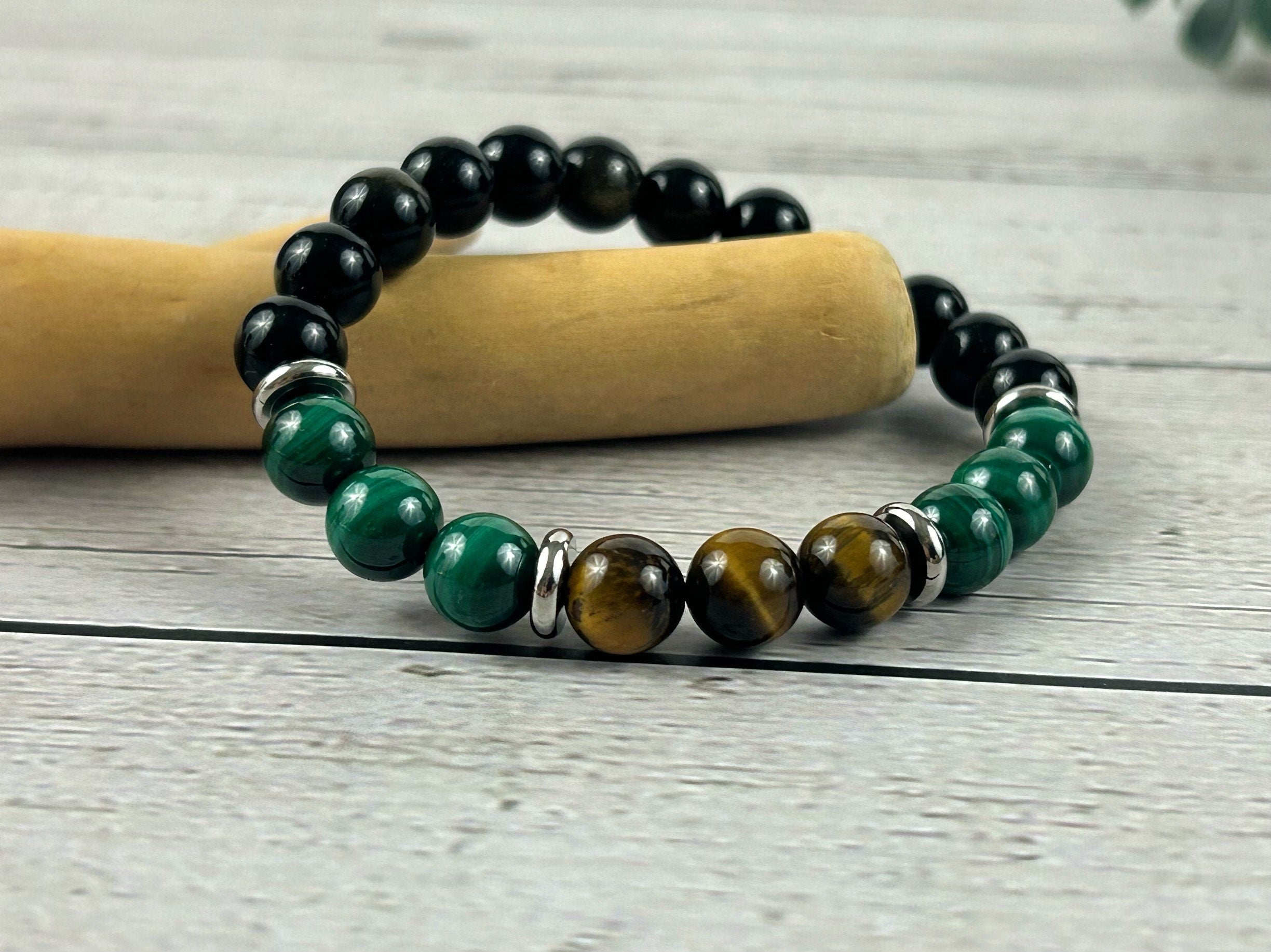 Empath Protection Bracelet, Malachite Bracelet, Golden Obsidian Bracelet, Tigers Eye Gemstone Bracelet, Birthday Gift for Her, Gift for Him
