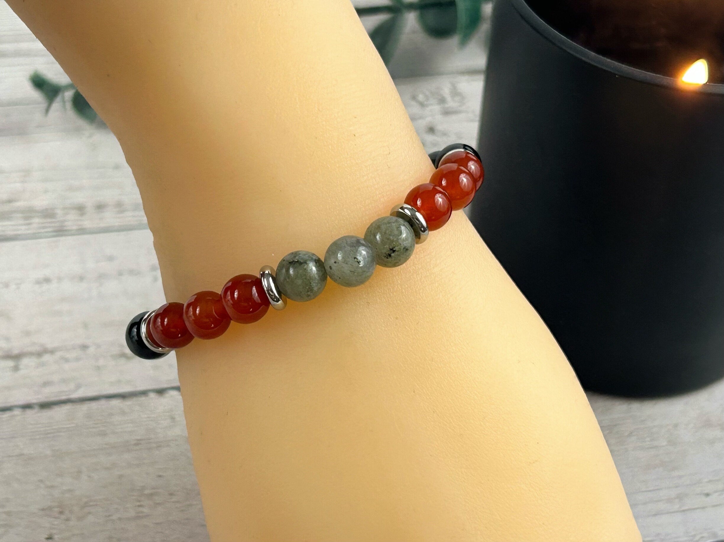 Empath Protection Bracelet, Black Tourmaline Bracelet, Carnelian Bracelet, Labradorite Gemstone Bracelet, Birthday Gift for Her,Gift for Him