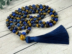 Lapis Lazuli Japa Mala Necklace, Tigers Eye 108 Mala Beads Necklace, Prayer Beads Necklace, Meditation Necklace