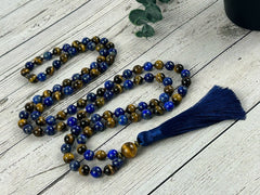 Lapis Lazuli Japa Mala Necklace, Tigers Eye 108 Mala Beads Necklace, Prayer Beads Necklace, Meditation Necklace