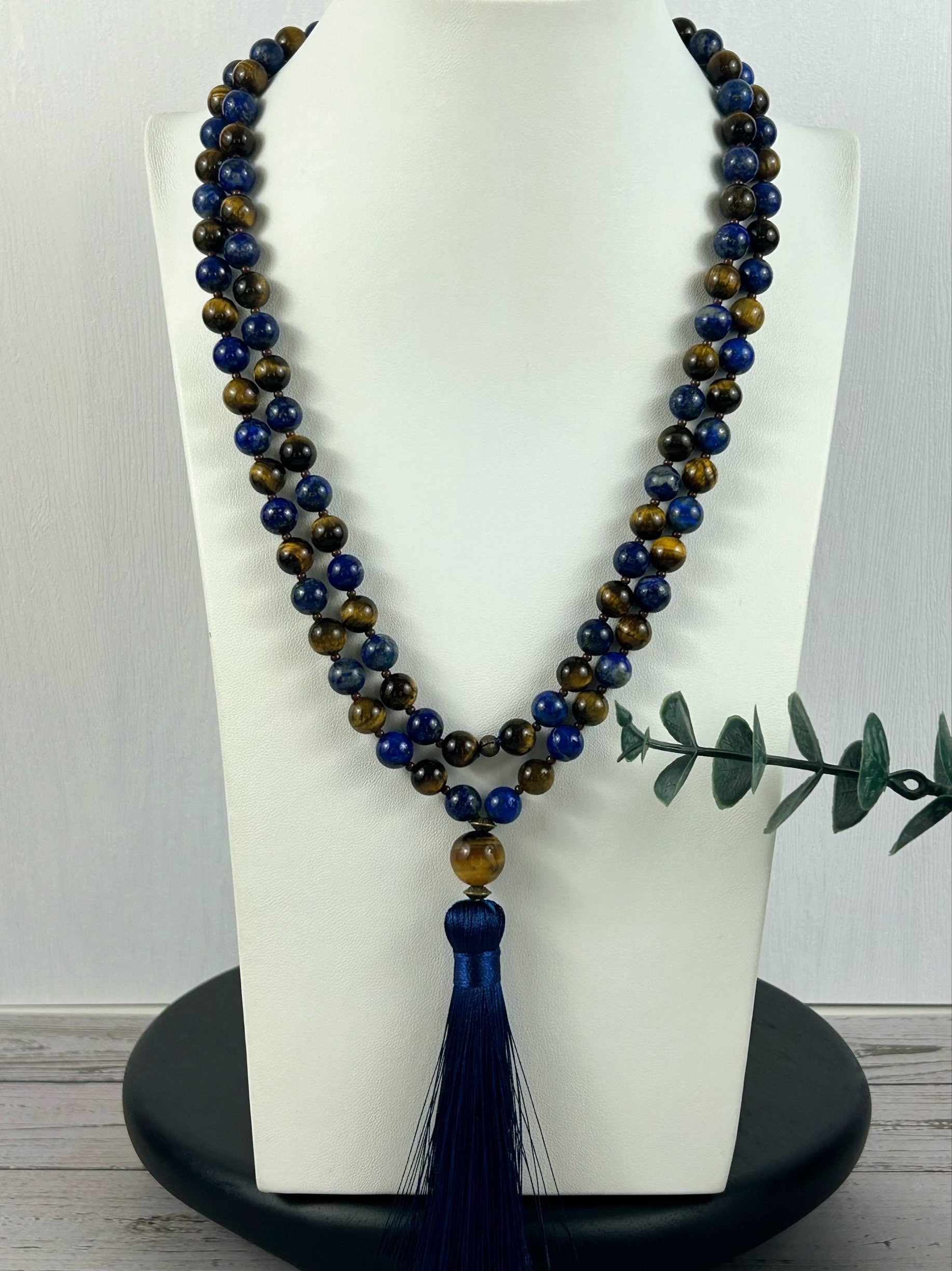 Lapis Lazuli Japa Mala Necklace, Tigers Eye 108 Mala Beads Necklace, Prayer Beads Necklace, Meditation Necklace