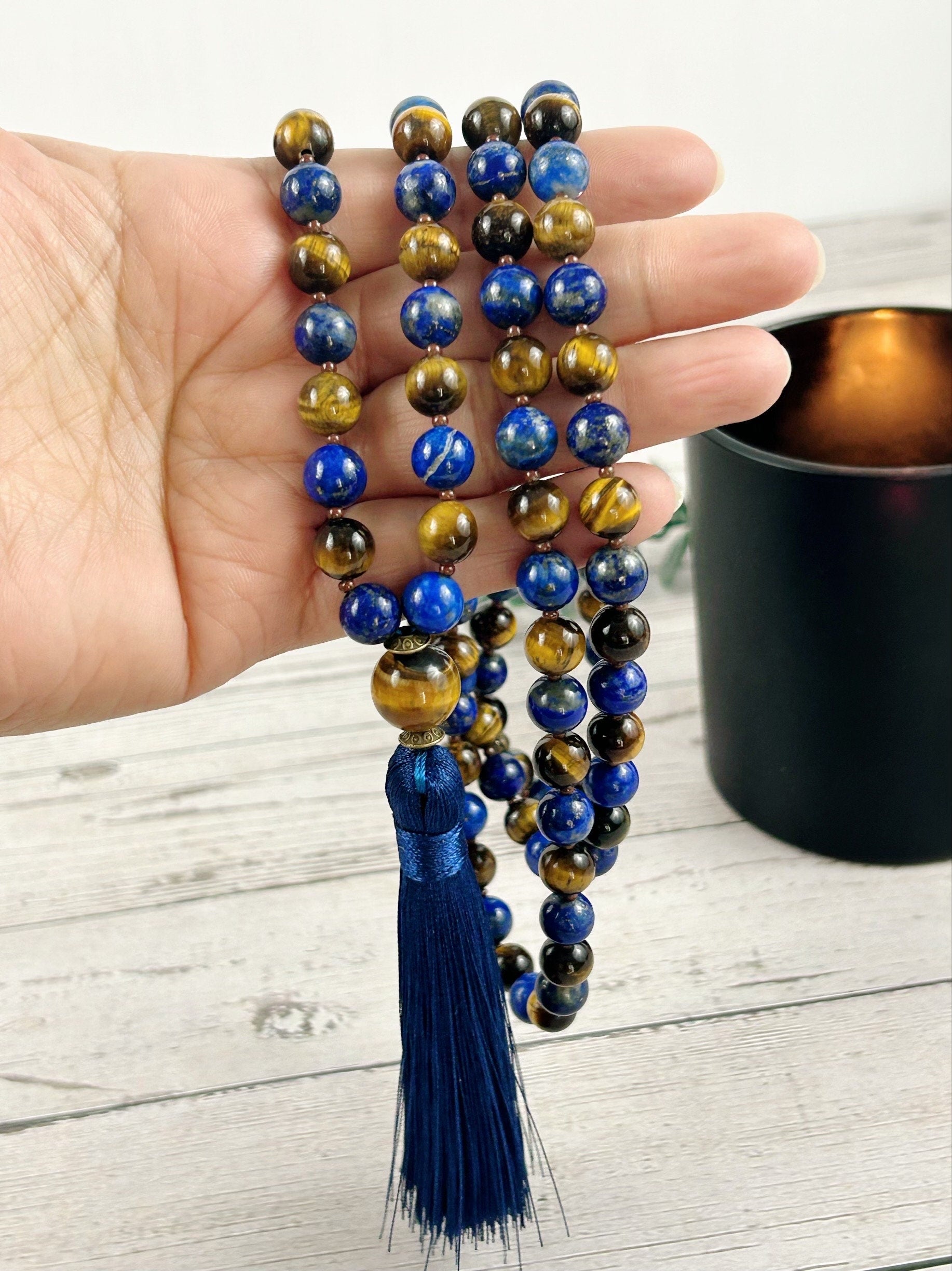 Lapis Lazuli Japa Mala Necklace, Tigers Eye 108 Mala Beads Necklace, Prayer Beads Necklace, Meditation Necklace