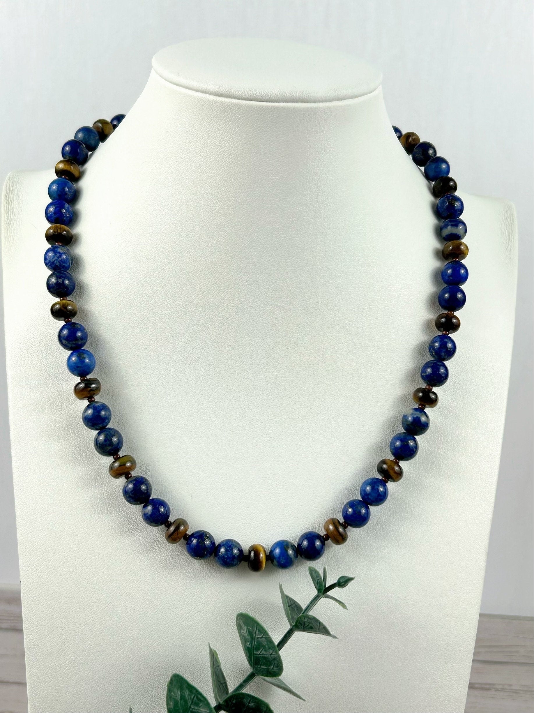 Lapis Lazuli Necklace, Tigers Eye Necklace, Beaded Necklace, Natural Stone Necklace Gift for Him, Protection Jewelry, Grounding,Gift for Her