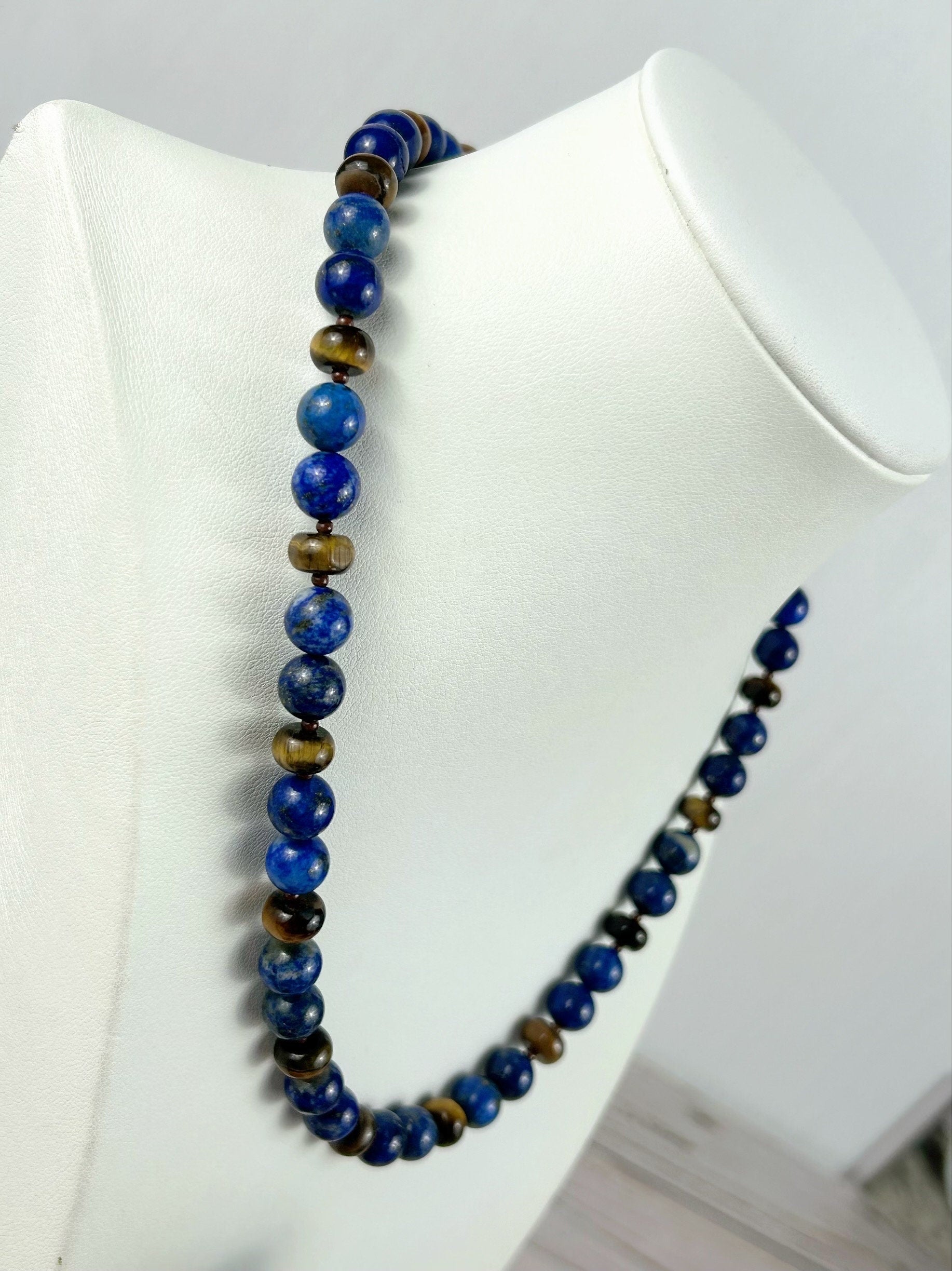 Lapis Lazuli Necklace, Tigers Eye Necklace, Beaded Necklace, Natural Stone Necklace Gift for Him, Protection Jewelry, Grounding,Gift for Her