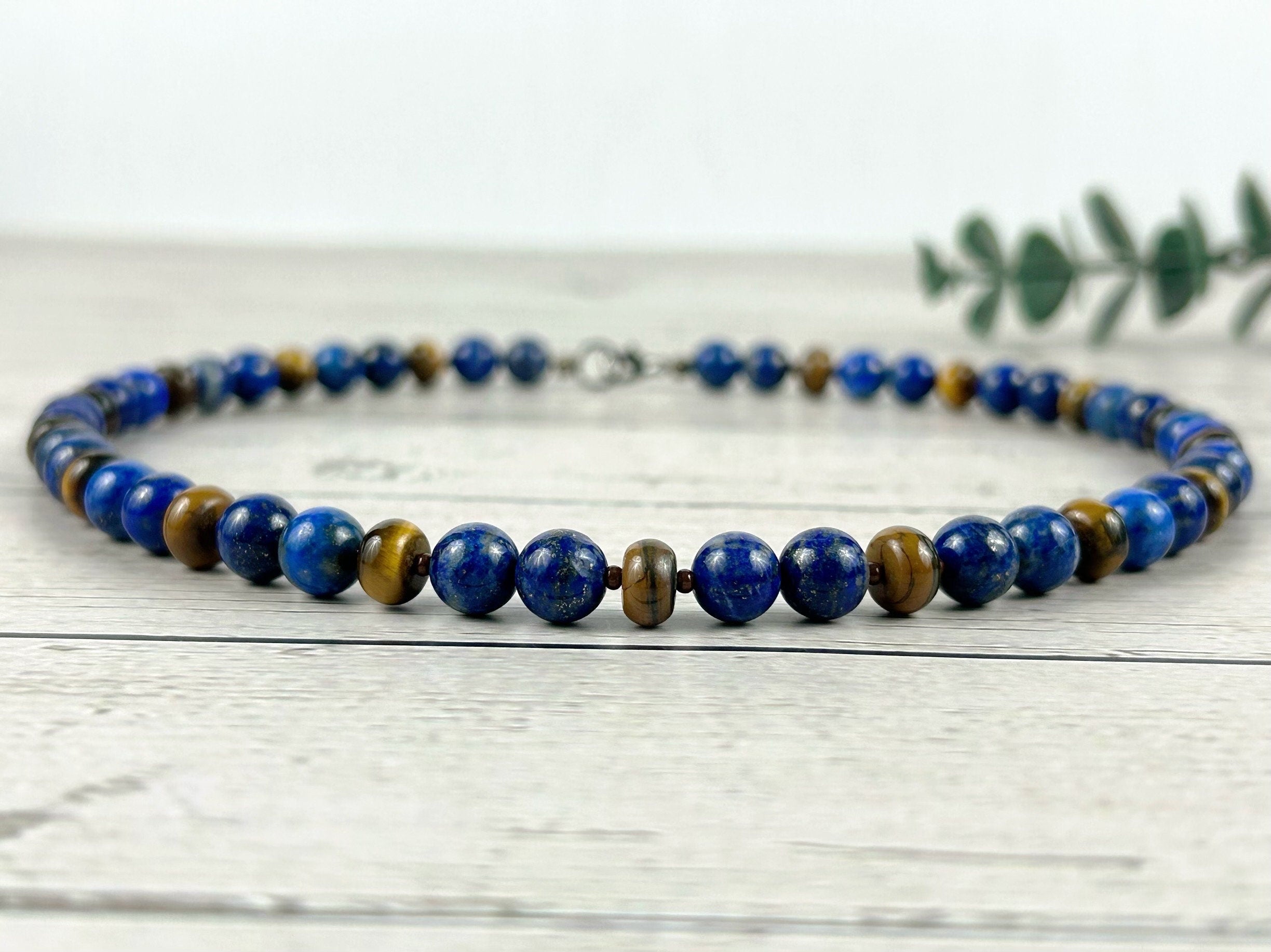 Lapis Lazuli Necklace, Tigers Eye Necklace, Beaded Necklace, Natural Stone Necklace Gift for Him, Protection Jewelry, Grounding,Gift for Her