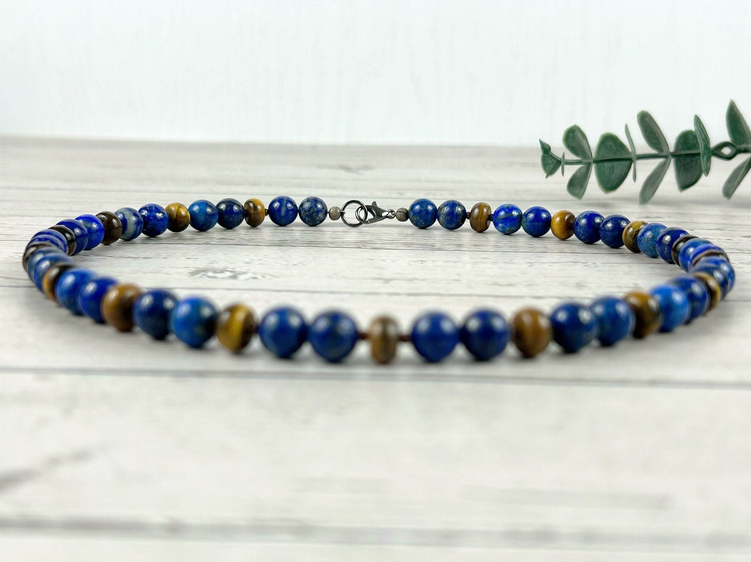 Lapis Lazuli Necklace, Tigers Eye Necklace, Beaded Necklace, Natural Stone Necklace Gift for Him, Protection Jewelry, Grounding,Gift for Her