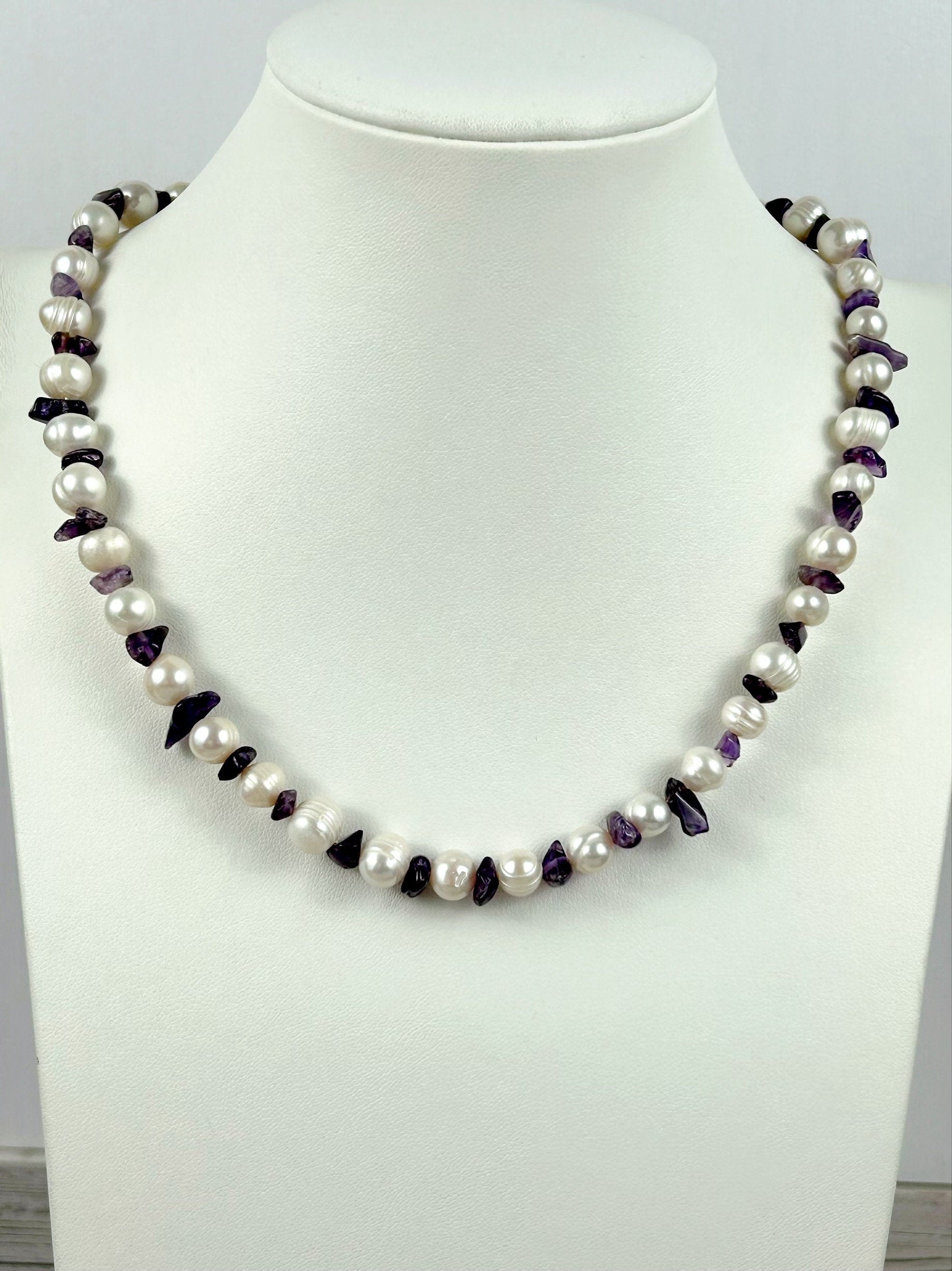 Freshwater Pearl Necklace, Pearl Choker, Choker Necklace, Amethyst Necklace, February Birthstone Necklace, Gift For Her, Everyday Necklace