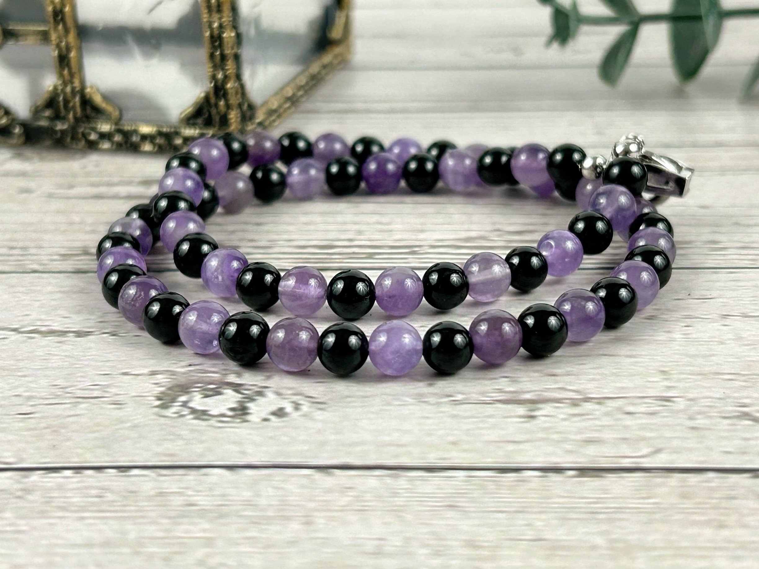 Protection Necklace, Black Tourmaline Necklace, Amethyst Necklace, Energy Necklace, Beaded Necklace, Personalized Neckl