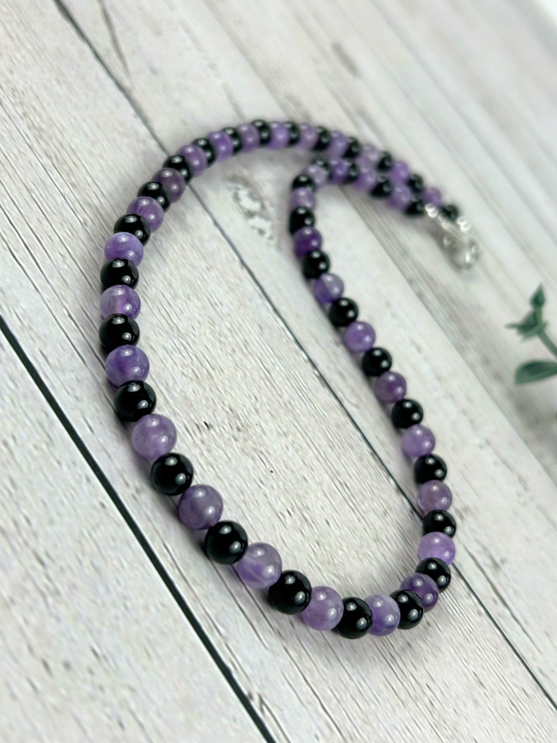 Protection Necklace, Black Tourmaline Necklace, Amethyst Necklace, Energy Necklace, Beaded Necklace, Personalized Neckl