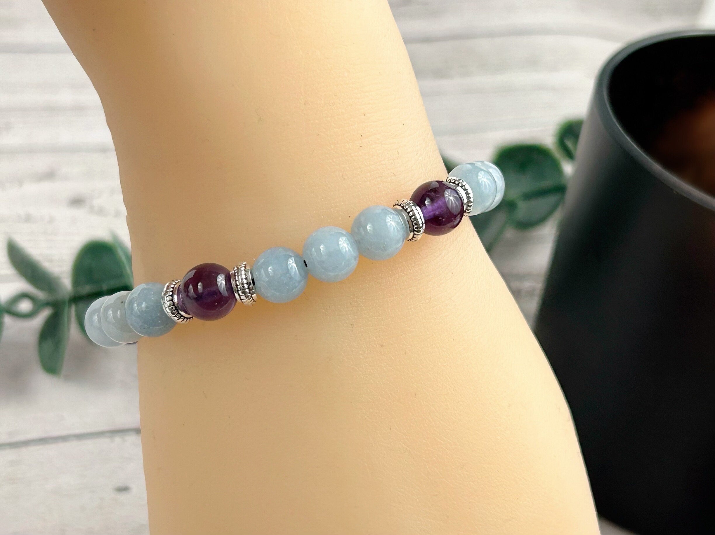 Cleansing Bracelet, Aquamarine Bracelet, Amethyst Gemstone Bracelet, Beaded Bracelet, Birthday Gift for Her, Gift for Him
