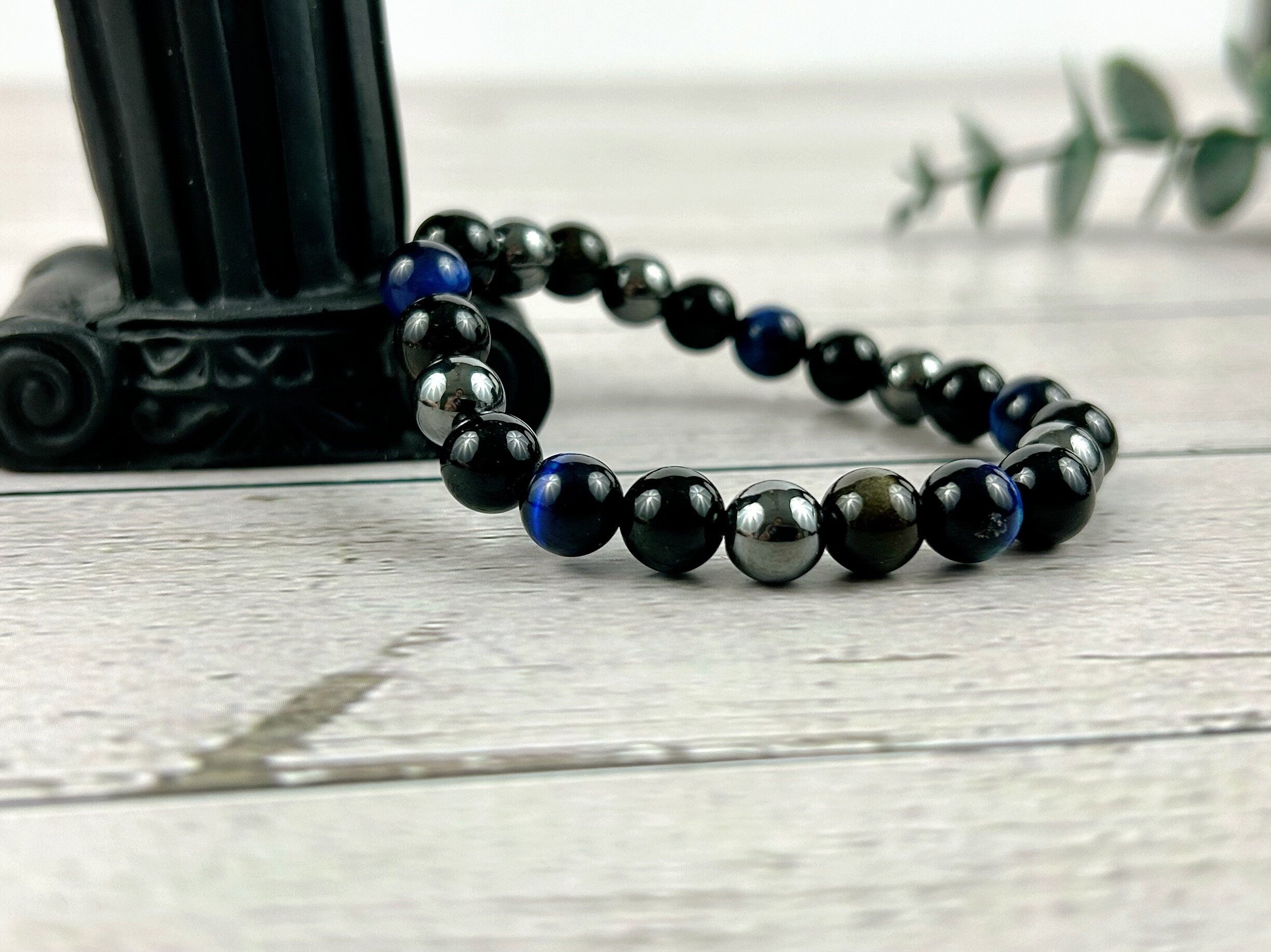 Triple Protection Bracelet, Blue Tiger Eye Bracelet, Black Obsidian, Gemstone Bracelet,Hematite Bracelet, Birthday Gift for Her,Gift for Him