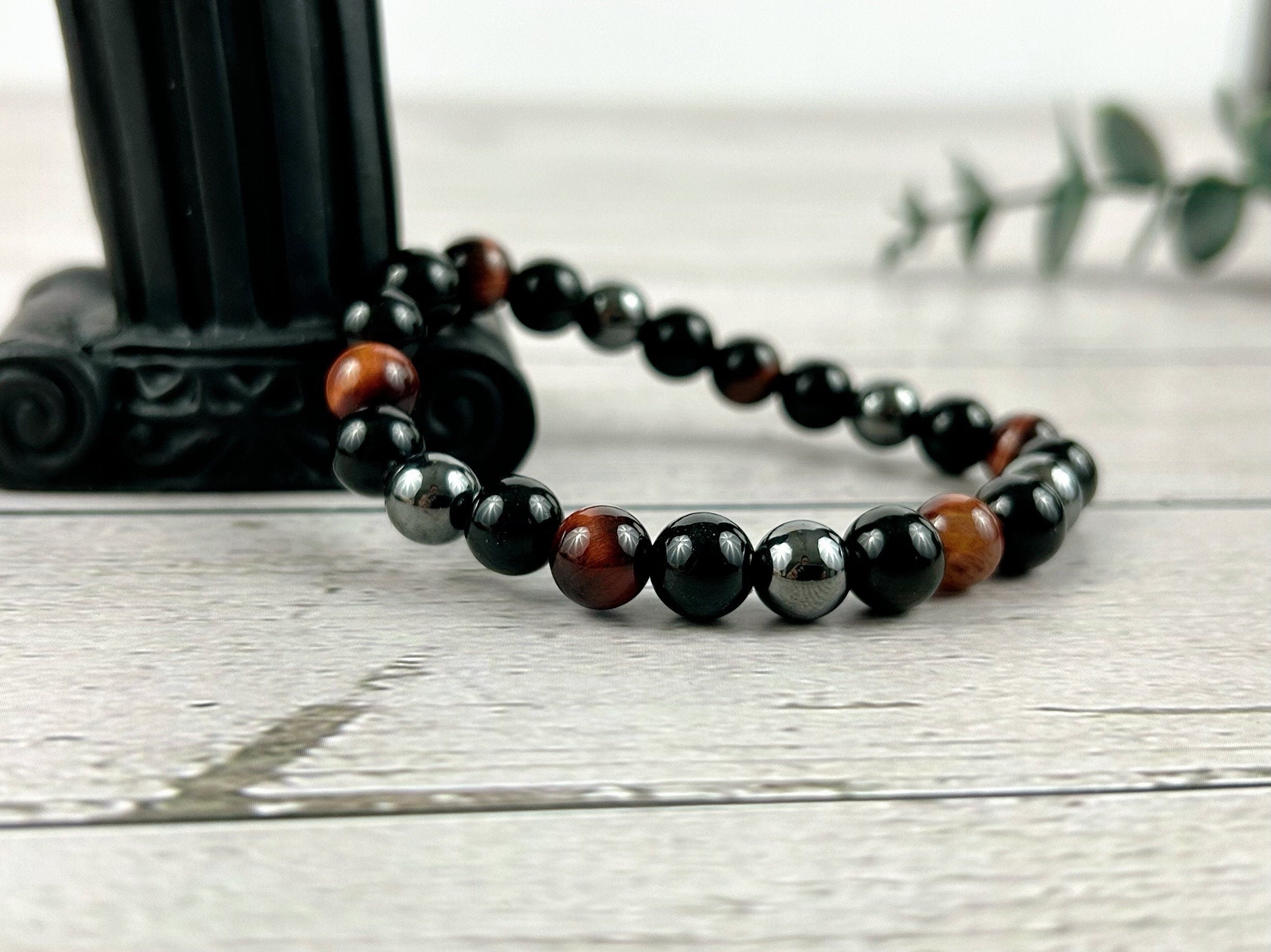 Set of 3 Triple Protection Bracelet, Tiger Eye, Black Obsidian, Gemstone Bracelet, Hematite Bracelet, Birthday Gift for Her, Gift for Him