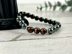 Set of 3 Triple Protection Bracelet, Tiger Eye, Black Obsidian, Gemstone Bracelet, Hematite Bracelet, Birthday Gift for Her, Gift for Him