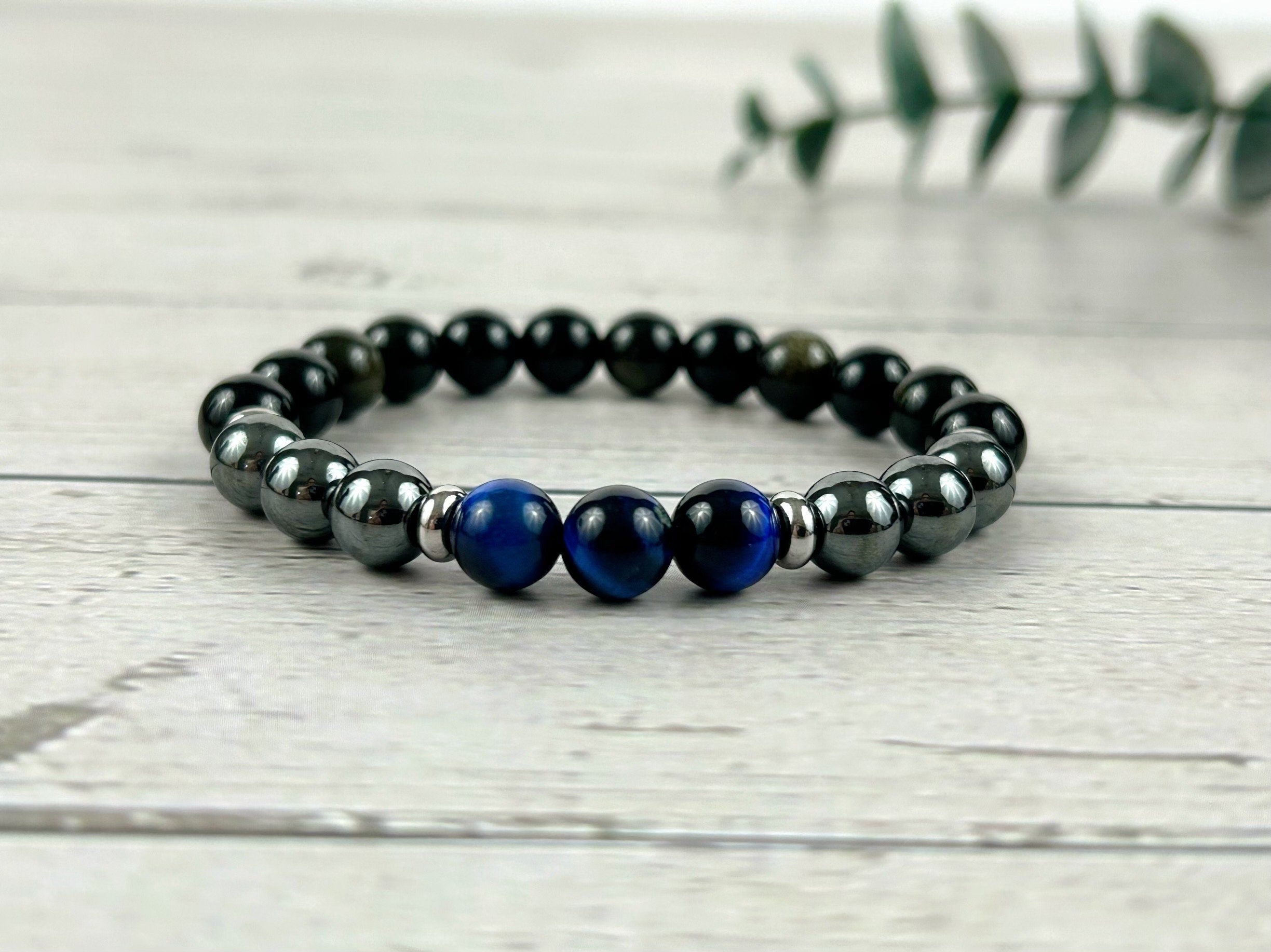 Set of 3 Triple Protection Bracelet, Tiger Eye, Black Obsidian, Gemstone Bracelet, Hematite Bracelet, Birthday Gift for Her, Gift for Him