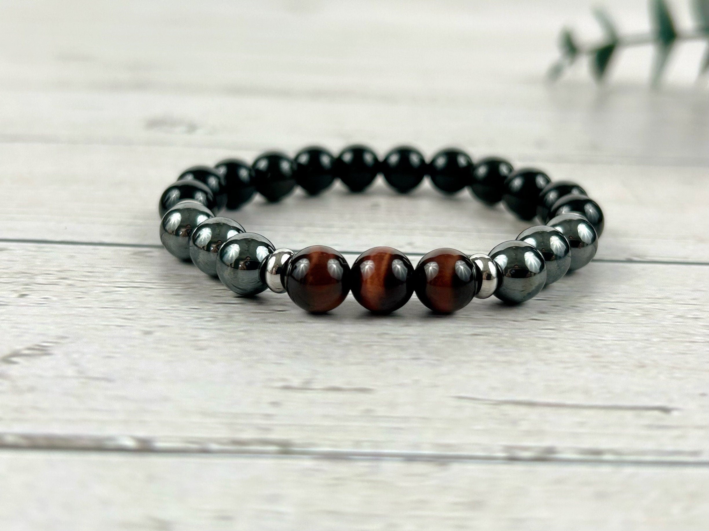Set of 3 Triple Protection Bracelet, Tiger Eye, Black Obsidian, Gemstone Bracelet, Hematite Bracelet, Birthday Gift for Her, Gift for Him