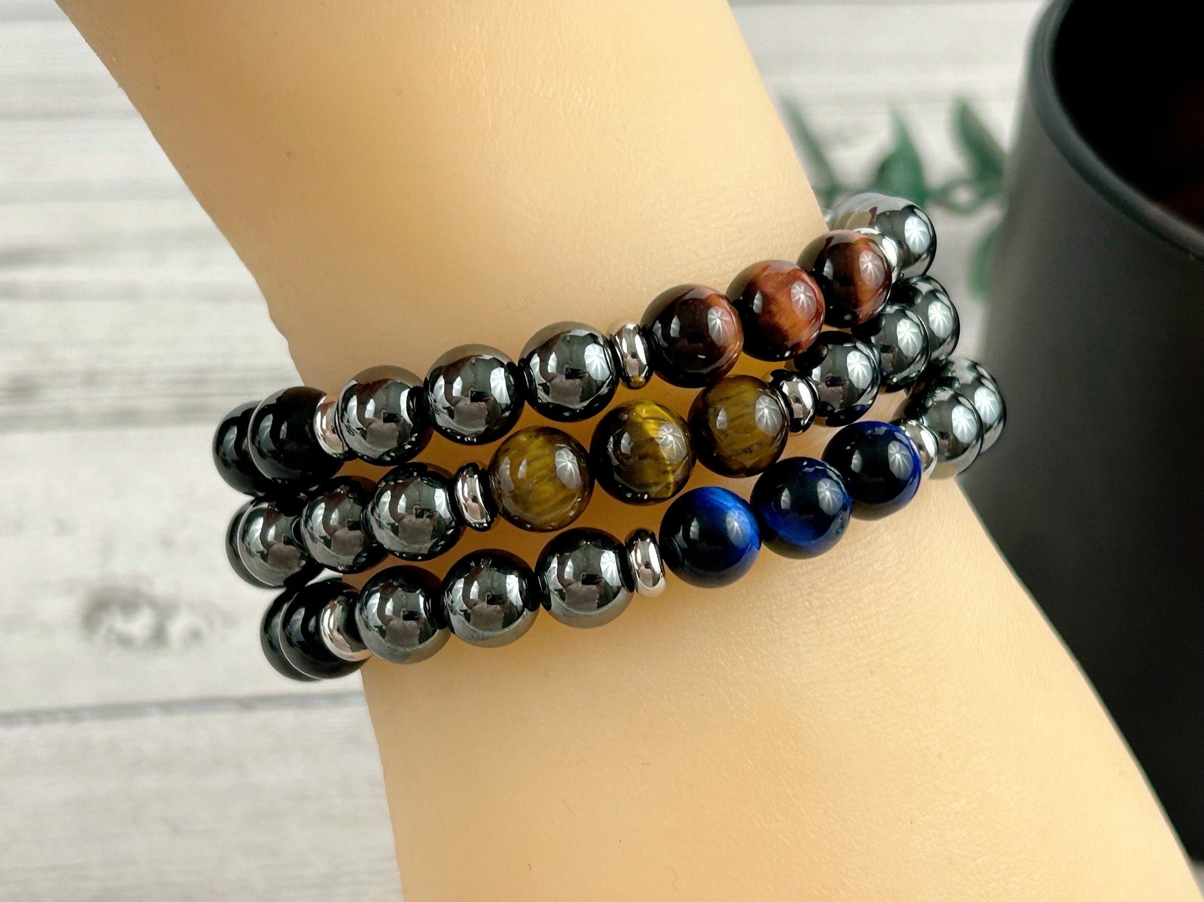Set of 3 Triple Protection Bracelet, Tiger Eye, Black Obsidian, Gemstone Bracelet, Hematite Bracelet, Birthday Gift for Her, Gift for Him