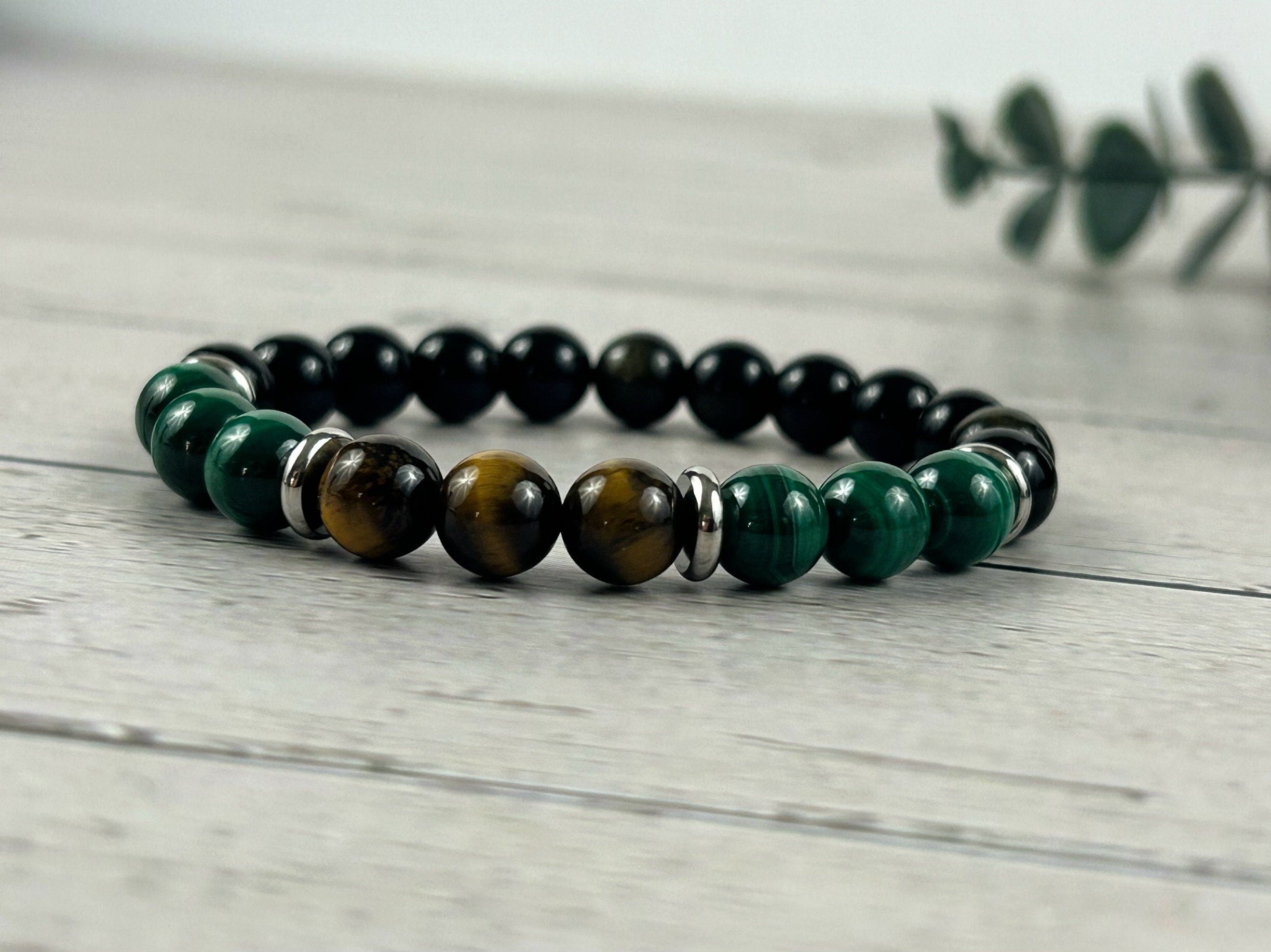 Empath Protection Bracelet, Malachite Bracelet, Golden Obsidian Bracelet, Tigers Eye Gemstone Bracelet, Birthday Gift for Her, Gift for Him