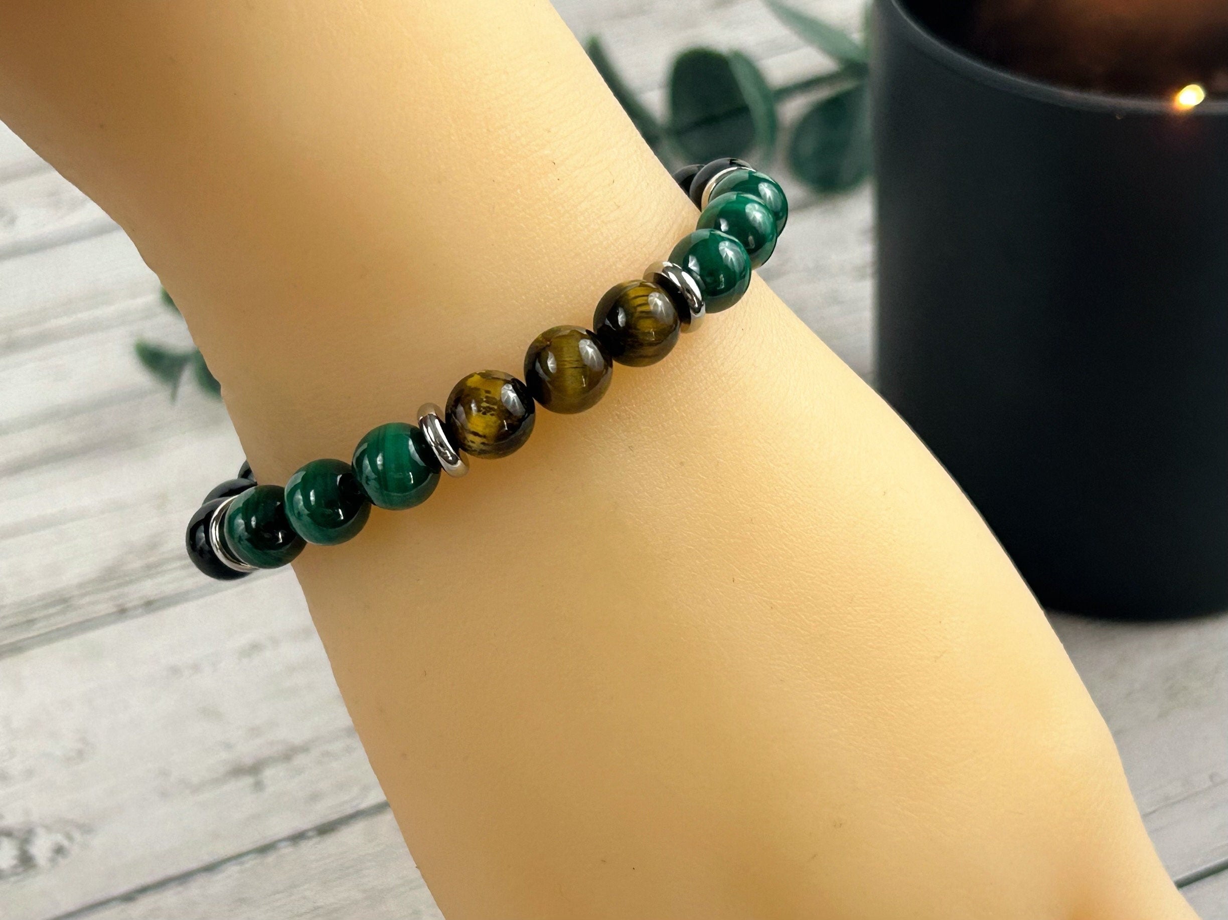 Empath Protection Bracelet, Malachite Bracelet, Golden Obsidian Bracelet, Tigers Eye Gemstone Bracelet, Birthday Gift for Her, Gift for Him