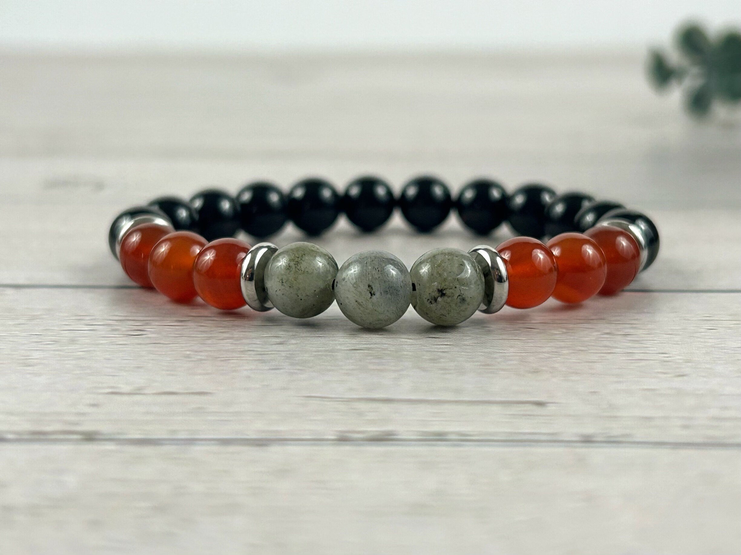 Empath Protection Bracelet, Black Tourmaline Bracelet, Carnelian Bracelet, Labradorite Gemstone Bracelet, Birthday Gift for Her,Gift for Him