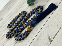 Lapis Lazuli Japa Mala Necklace, Tigers Eye 108 Mala Beads Necklace, Prayer Beads Necklace, Meditation Necklace