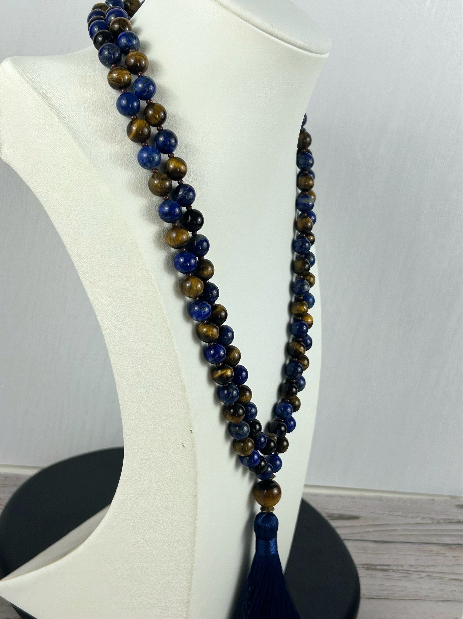 Lapis Lazuli Japa Mala Necklace, Tigers Eye 108 Mala Beads Necklace, Prayer Beads Necklace, Meditation Necklace