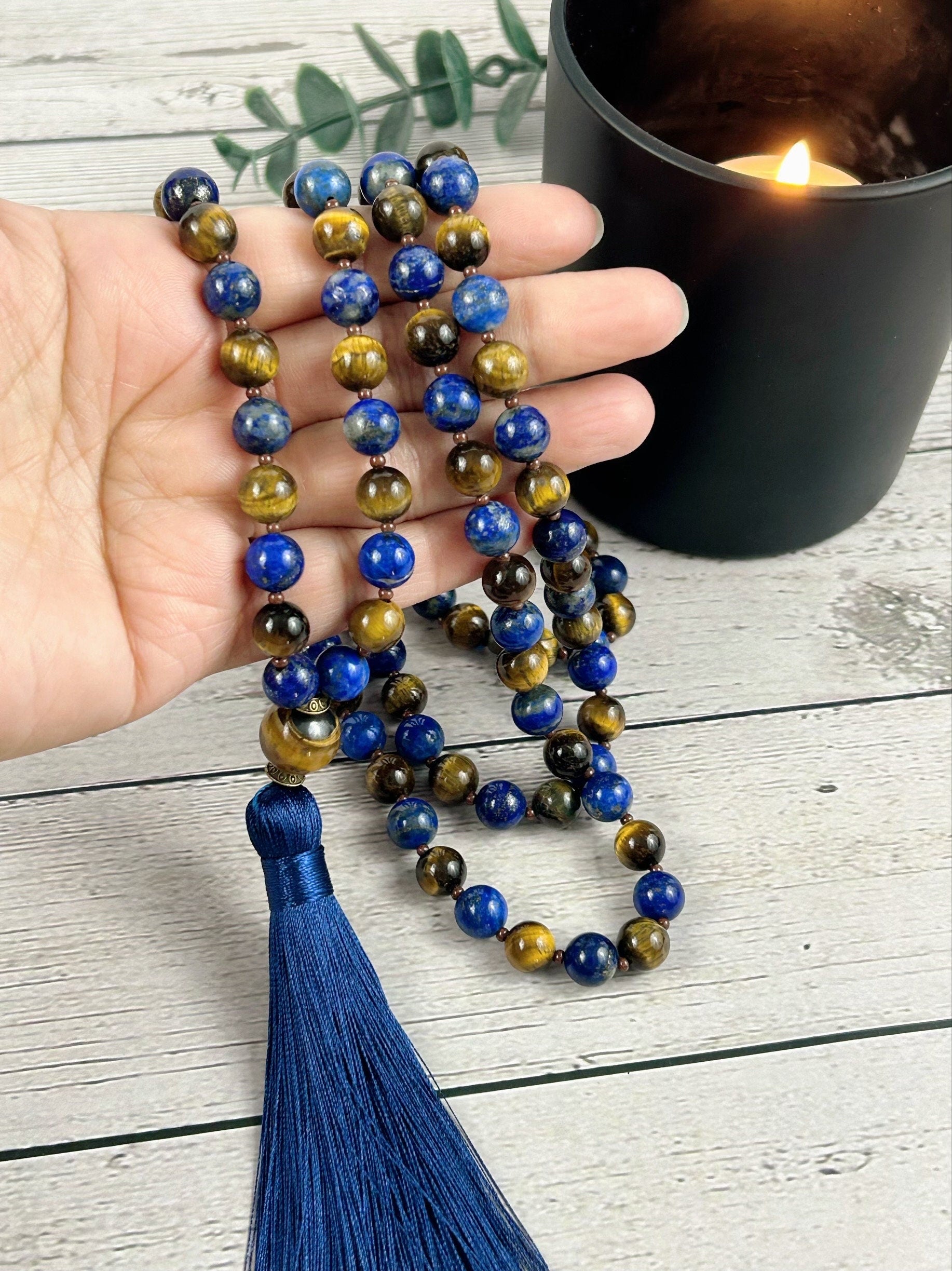 Lapis Lazuli Japa Mala Necklace, Tigers Eye 108 Mala Beads Necklace, Prayer Beads Necklace, Meditation Necklace