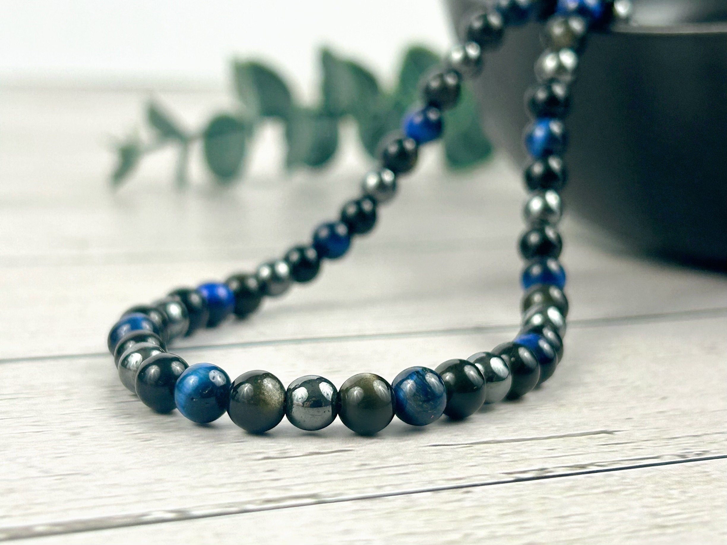 Triple Protection Necklace, Blue Tiger Eye, Golden Obsidian, Energy Necklace, Hematite, Gemstones, Valentines Gift for Her, Gift for Him