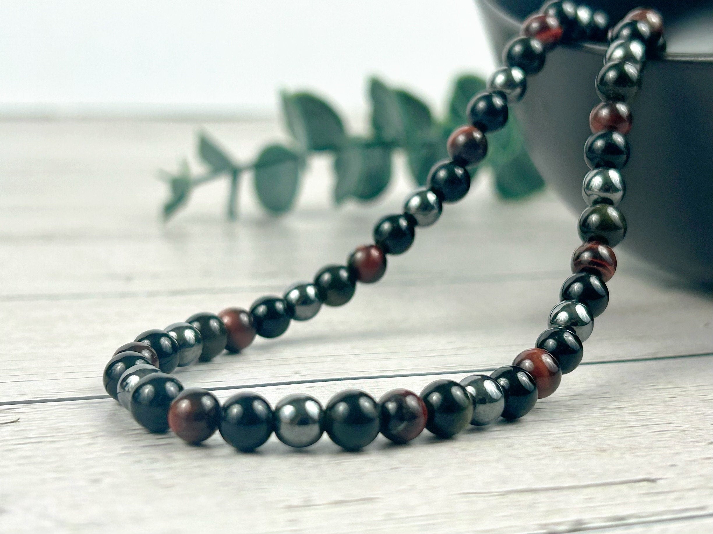 Triple Protection Necklace, Red Tiger Eye, Obsidian, Gemstone Necklace, Hematite, Energy, Healing Crystals, Gift for Her, Gift for Him