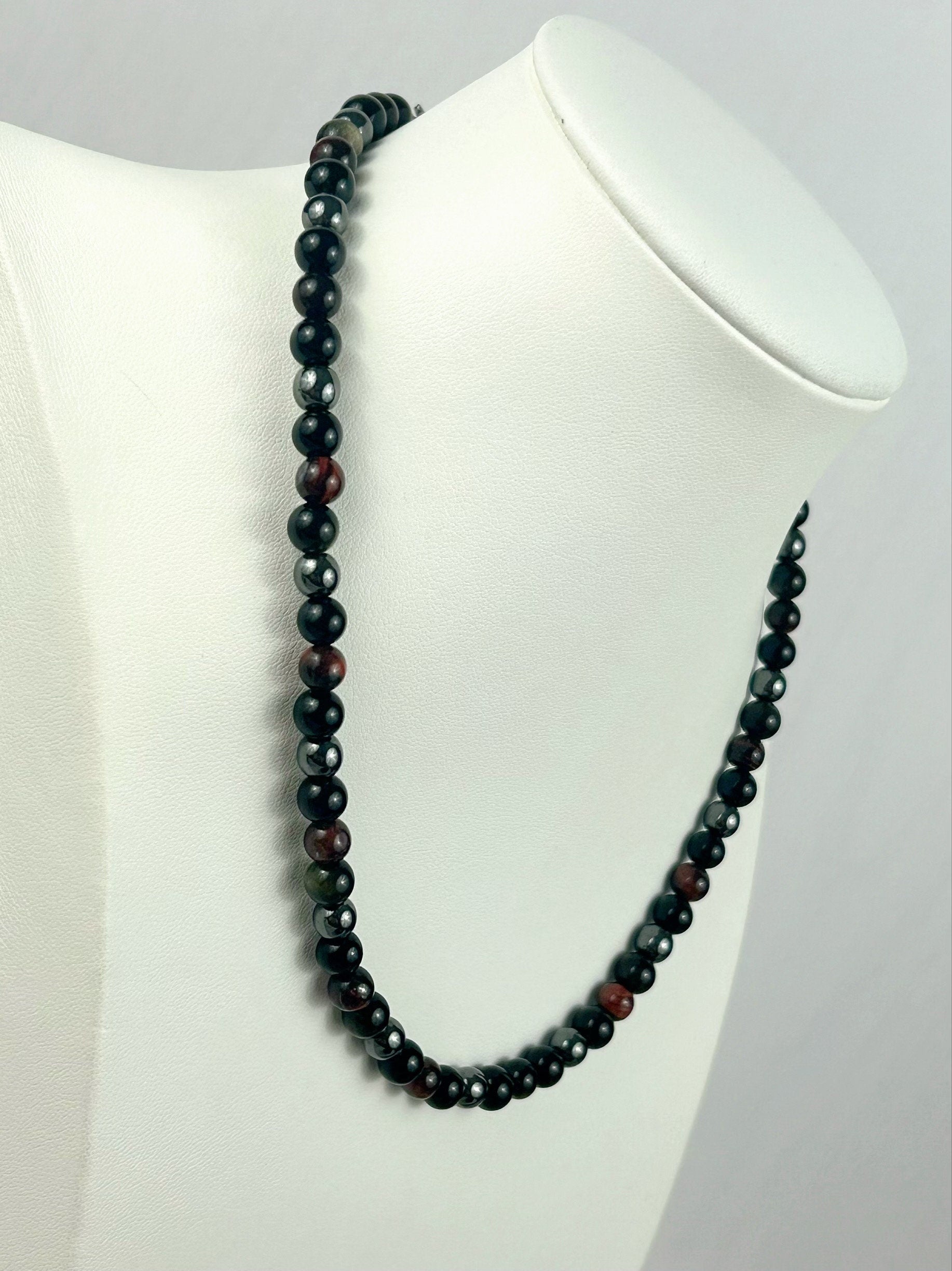Triple Protection Necklace, Red Tiger Eye, Obsidian, Gemstone Necklace, Hematite, Energy, Healing Crystals, Gift for Her, Gift for Him