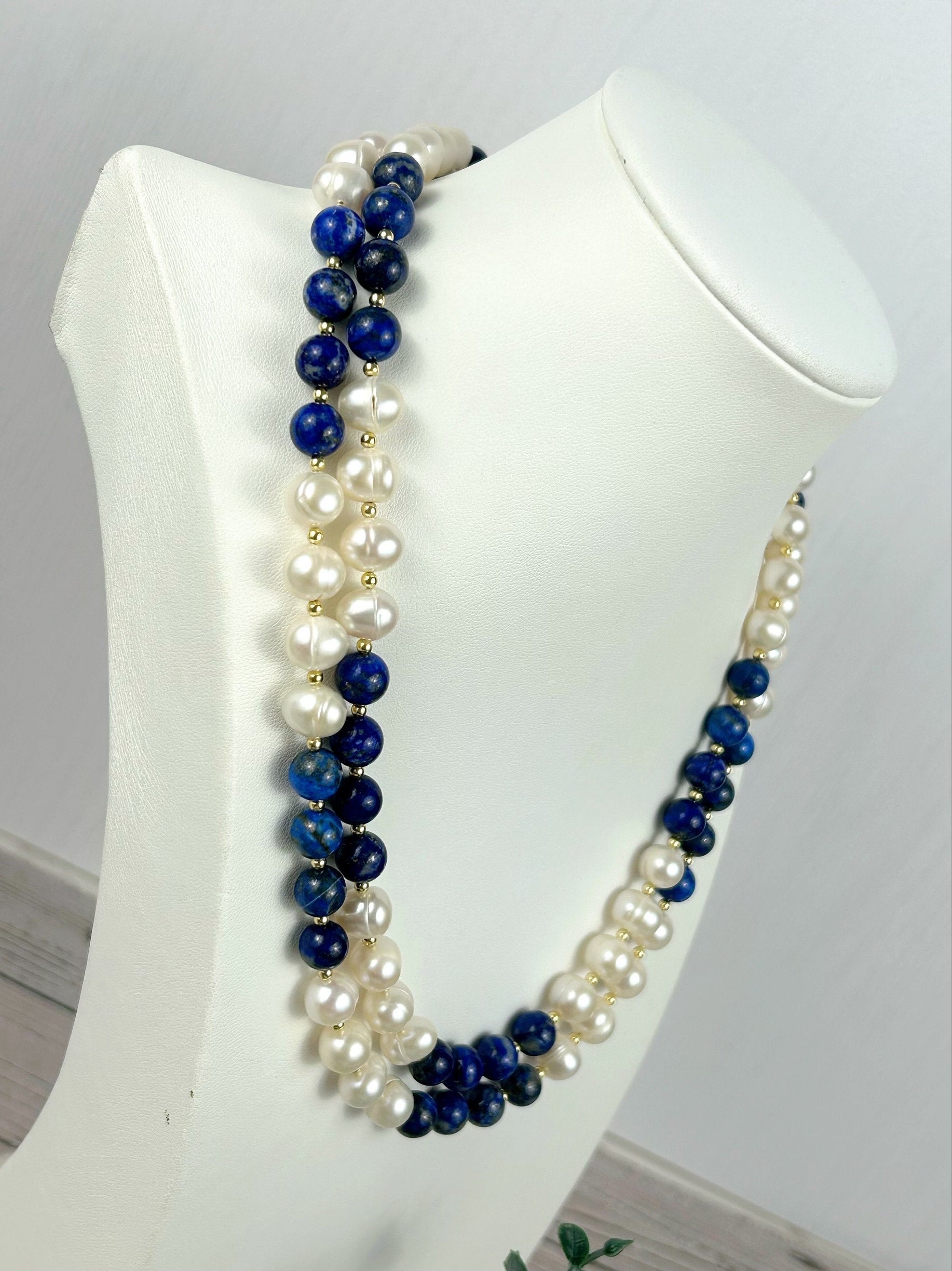 Statement Necklace, Lapis Lazuli Necklace, Multistrand Necklace, Beaded Necklace, Pearl Necklace, Gemstone Necklace,Anniversary Gift for Her