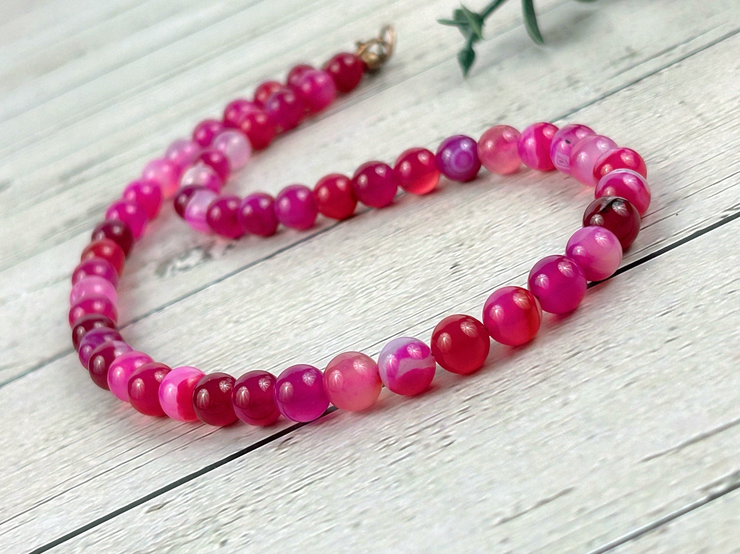 Beaded Necklace, Pink Agate Necklace, Natural Stone Necklace, Gemstones Necklace, Women Necklace, Valentines Gift for Her, Handmade Jewelry