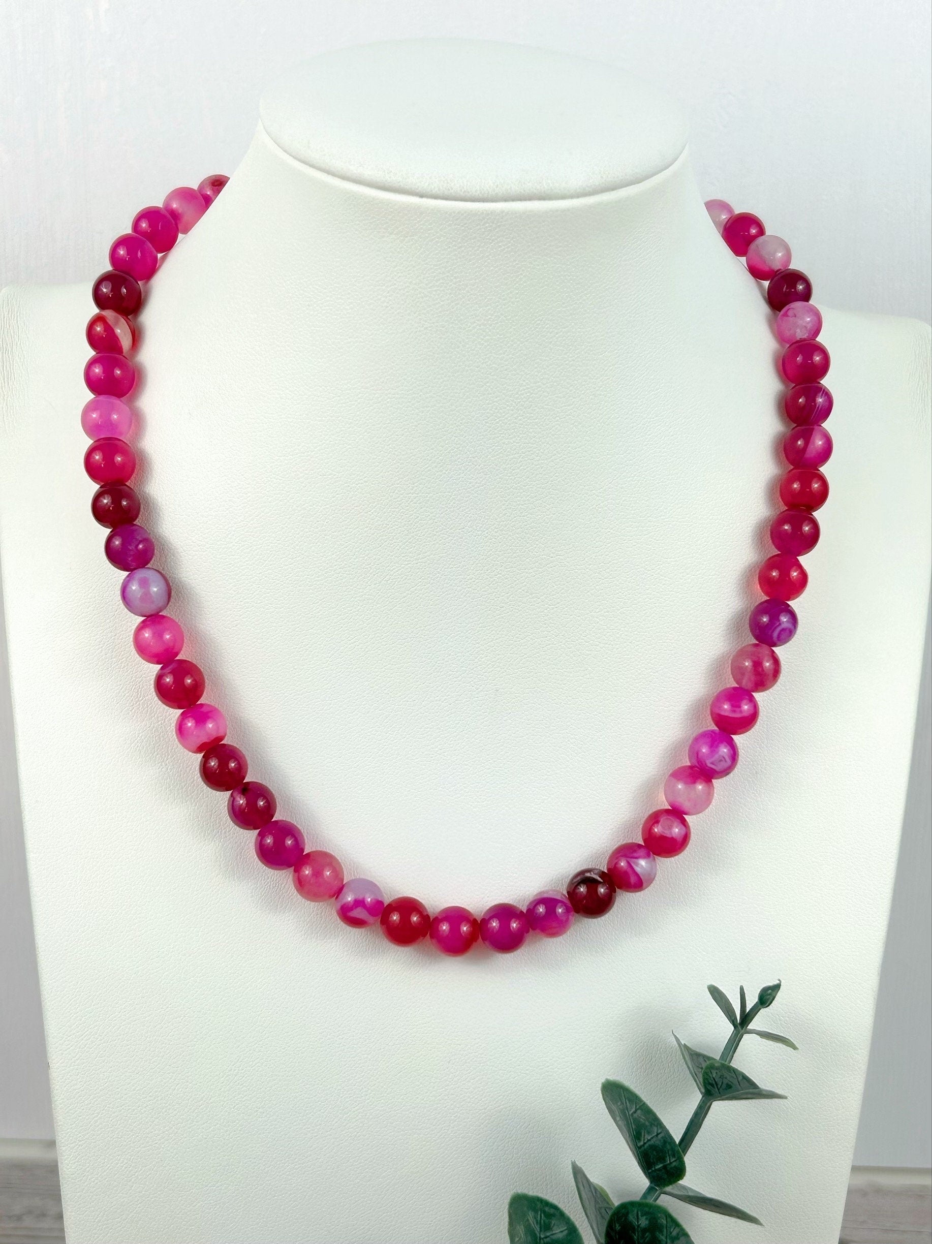 Beaded Necklace, Pink Agate Necklace, Natural Stone Necklace, Gemstones Necklace, Women Necklace, Valentines Gift for Her, Handmade Jewelry