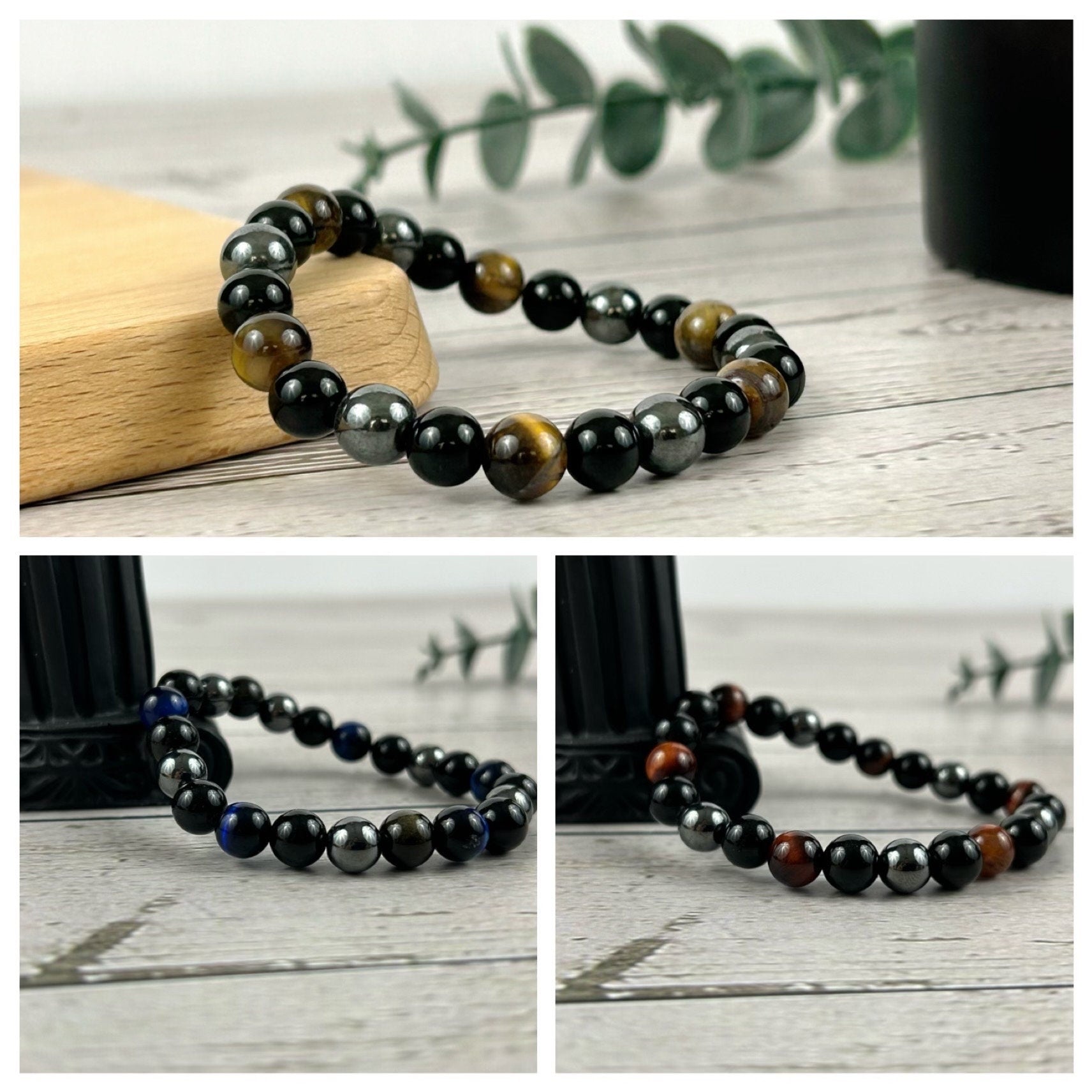 Set of 3 Triple Protection Bracelet, Tiger Eye, Black Obsidian, Gemstone Bracelet, Hematite Bracelet, Birthday Gift for Her, Gift for Him