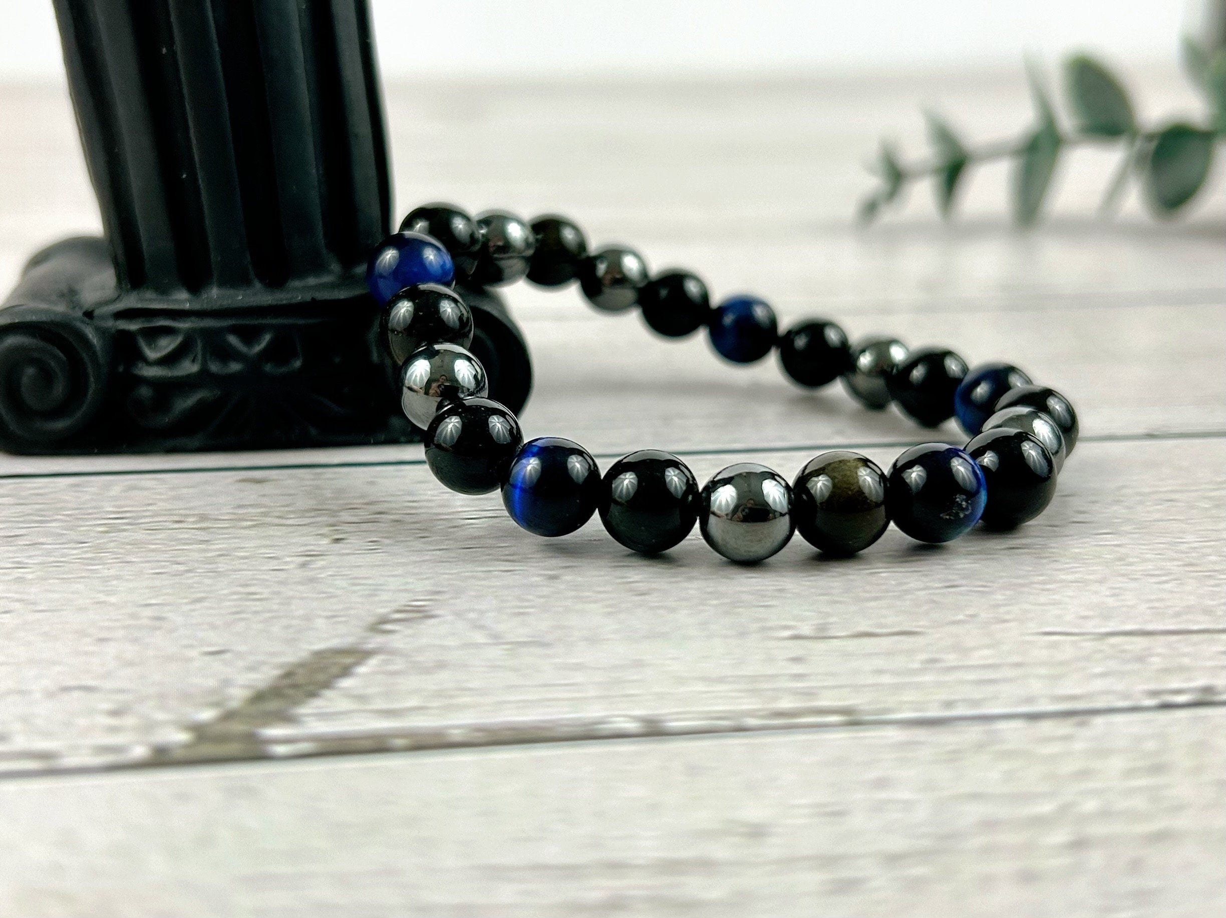 Set of 3 Triple Protection Bracelet, Tiger Eye, Black Obsidian, Gemstone Bracelet, Hematite Bracelet, Birthday Gift for Her, Gift for Him