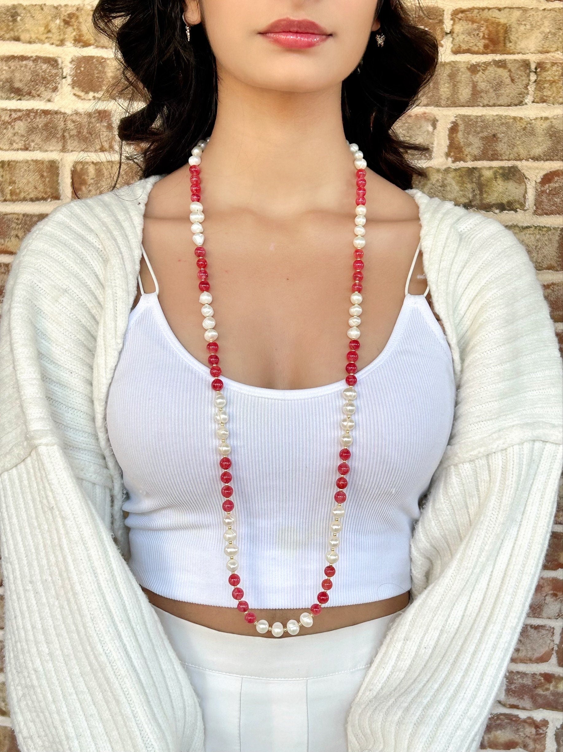 Statement Necklace, Cherry Quartz Necklace, Multistrand Necklace, Pink Beaded Necklace, Pearl Necklace, Gemstone Necklace, Gift for Her