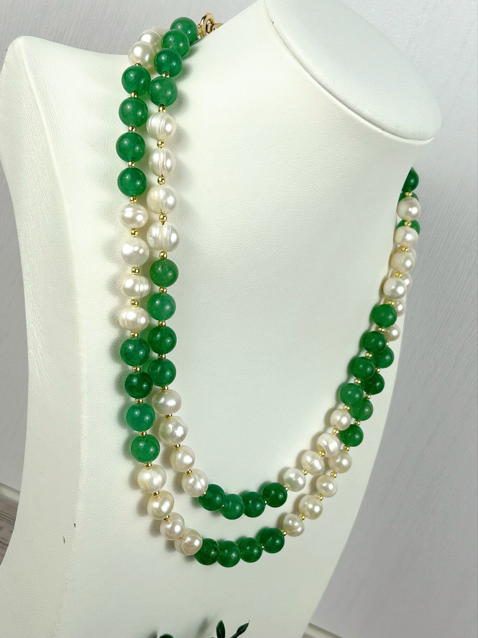 Statement Necklace, Green Aventurine Necklace, Multistrand Necklace, Green Beaded Necklace, Pearl Necklace, Gemstone Necklace, Gift for Her