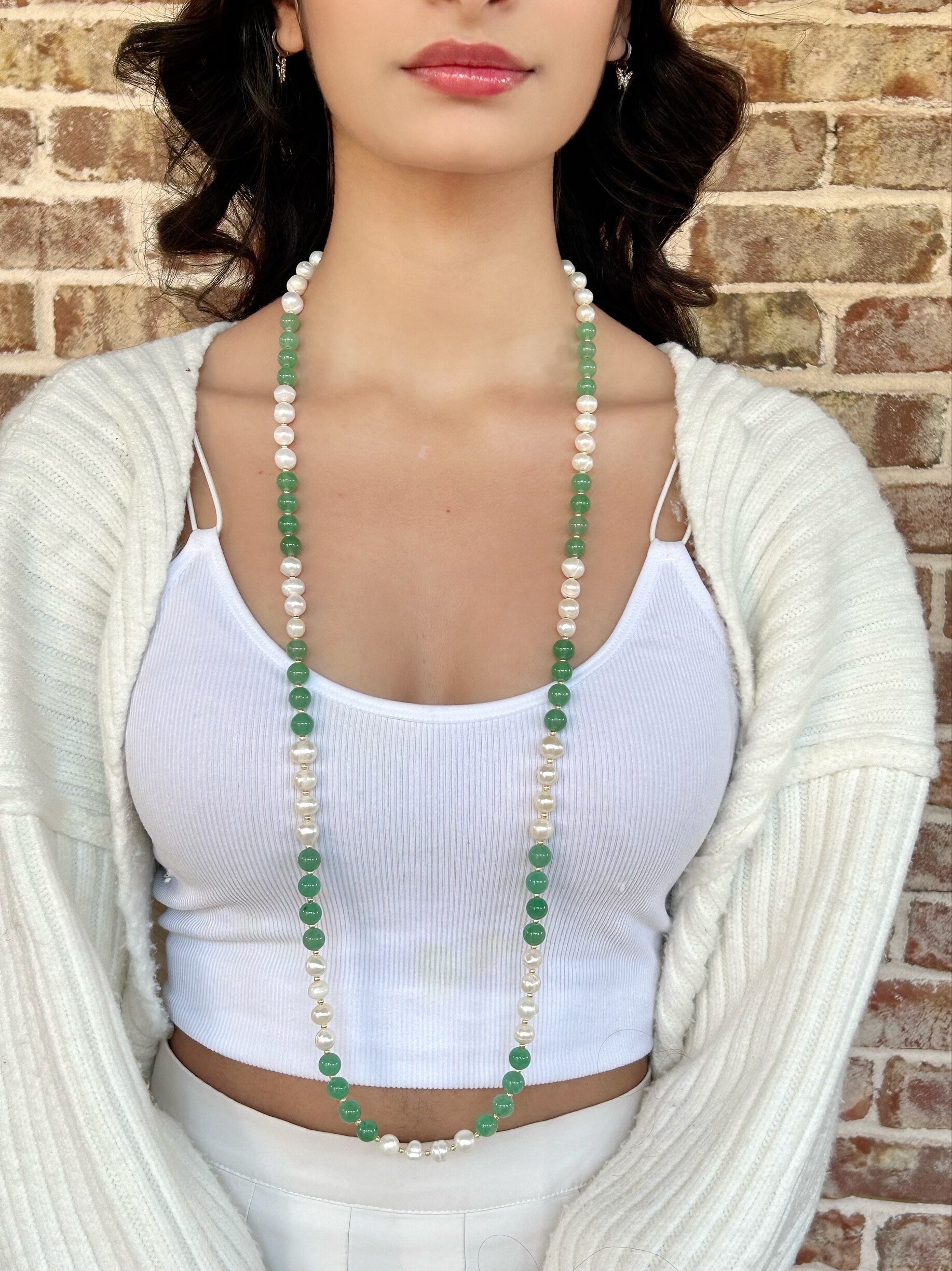 Statement Necklace, Green Aventurine Necklace, Multistrand Necklace, Green Beaded Necklace, Pearl Necklace, Gemstone Necklace, Gift for Her