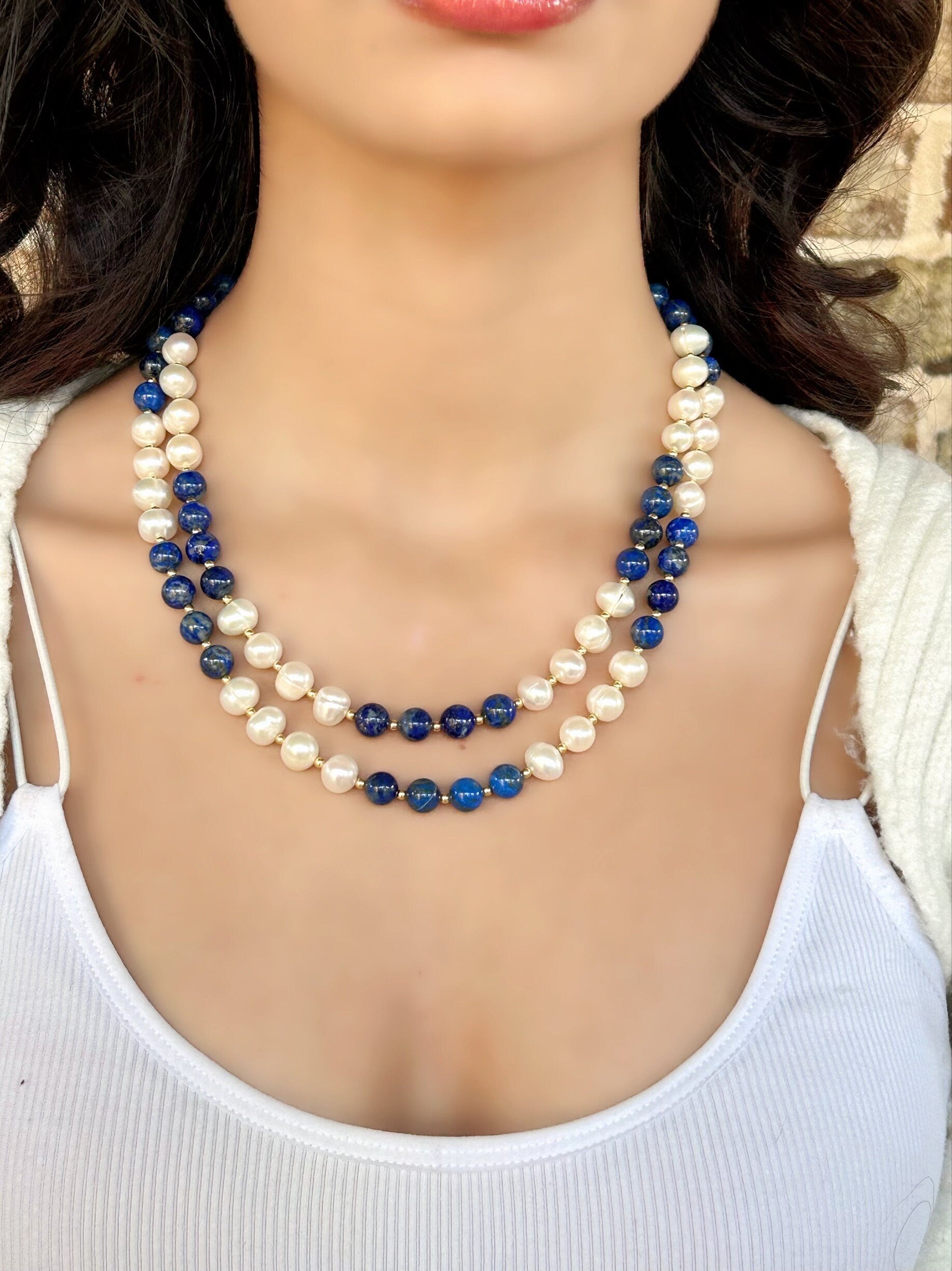 Statement Necklace, Lapis Lazuli Necklace, Multistrand Necklace, Beaded Necklace, Pearl Necklace, Gemstone Necklace,Anniversary Gift for Her