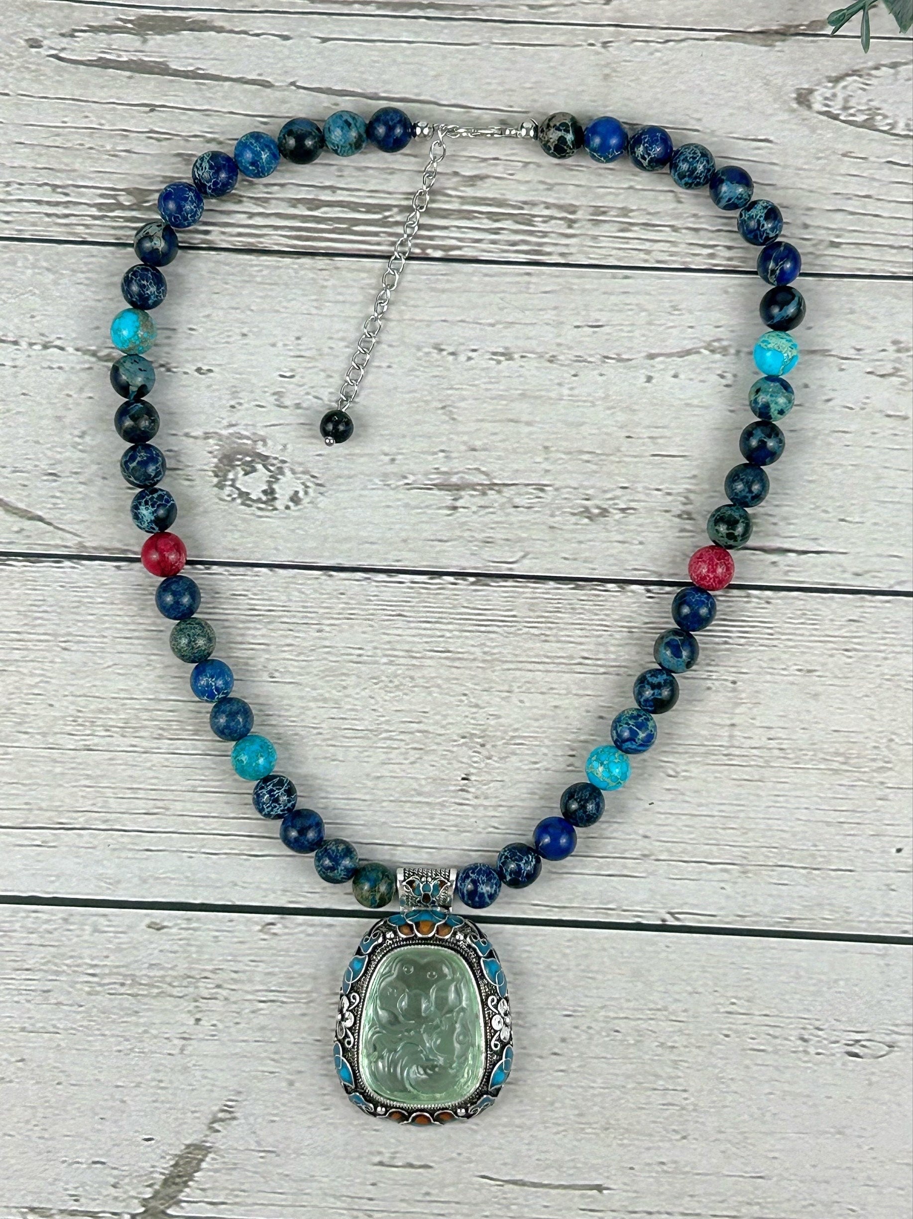 Blue Beaded Statement Necklace, Blue Jasper Gemstone Necklace, Beaded Necklace, Big Pendant Necklace,Handmade Necklace,Birthday Gift for Her