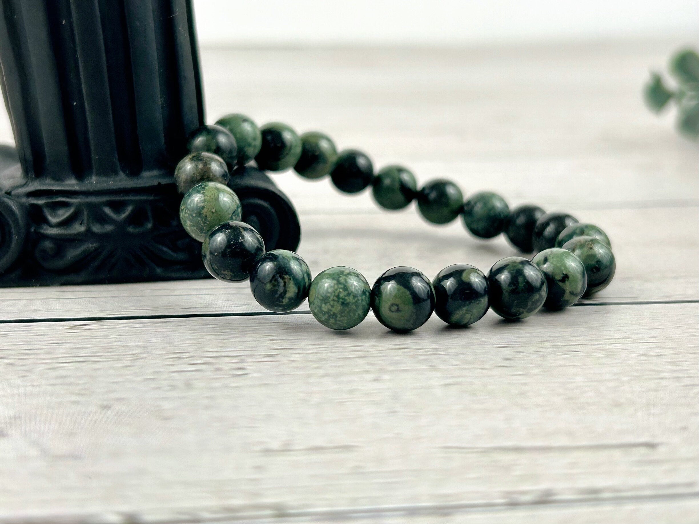 Kambaba Jasper Bracelet, Green Beaded Bracelet, Gemstone Bracelet, Handmade Bracelet, Birthday Gift for Her, Gift for Him, Stretchy String