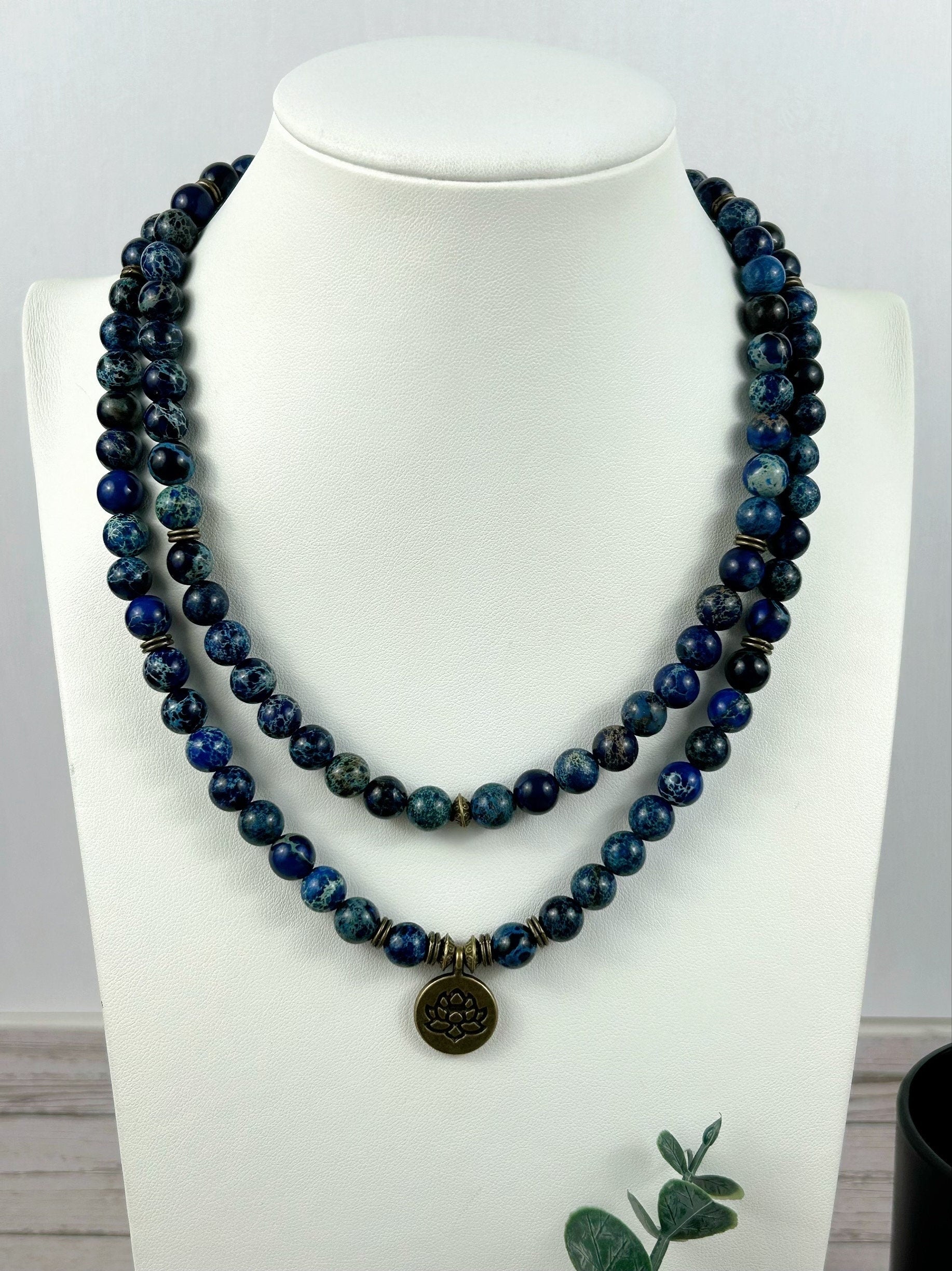 108 Mala Beads Necklace, Blue Jasper Gemstone Necklace, Prayer Beads, Blue Beaded Necklace, Ocean Theme Necklace, Birthday Gift for Her