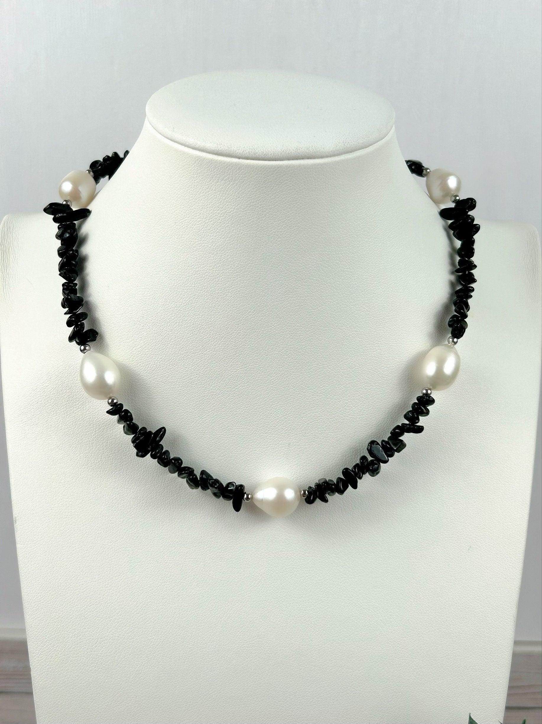 Black Beaded Necklace, Black Tourmaline Necklace, Choker Necklace, Baroque Pearl Necklace, Gemstone Necklace, Boho Necklace, Gift for her