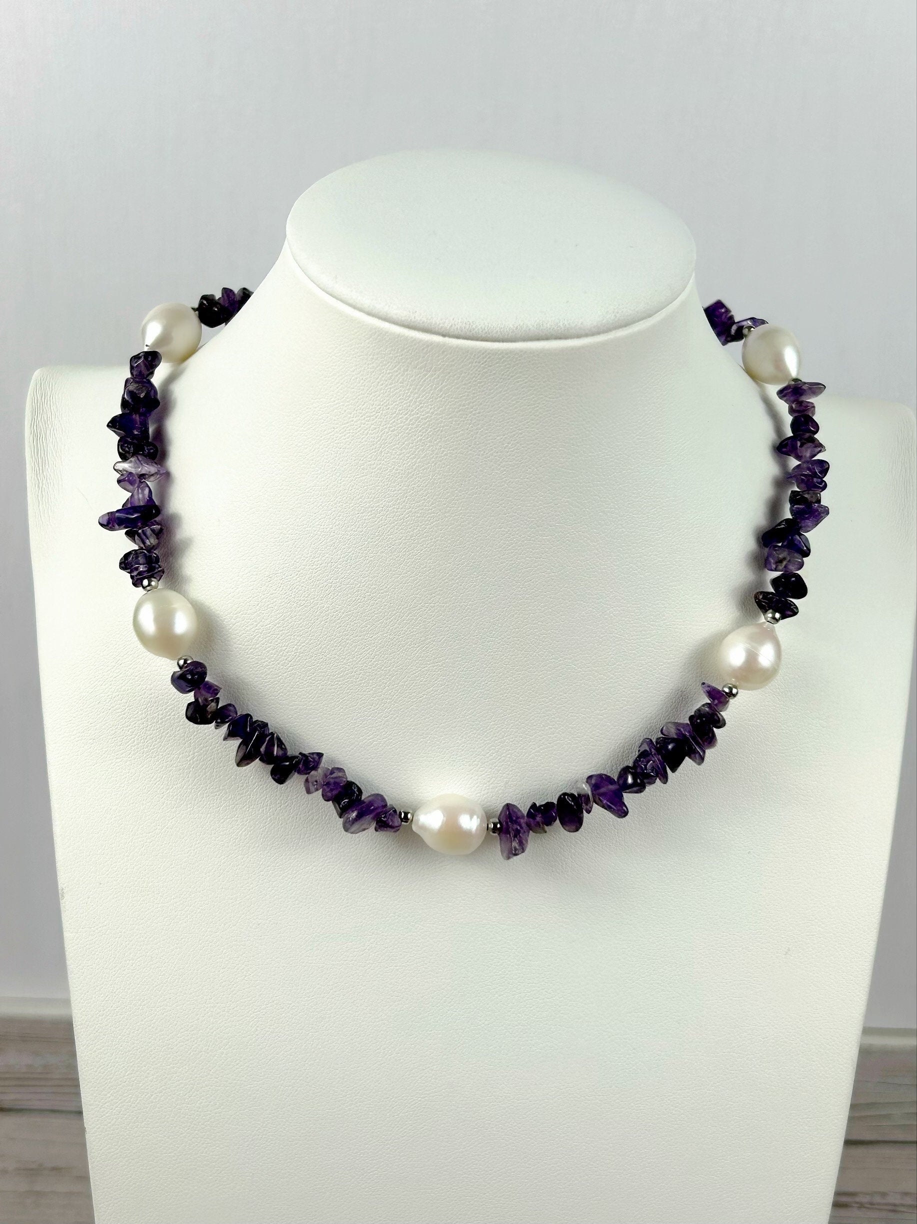 Purple Beaded Necklace, Amethyst Necklace, Choker Necklace, Baroque Pearl Necklace, Gemstone Necklace, Boho Necklace, Gift for her